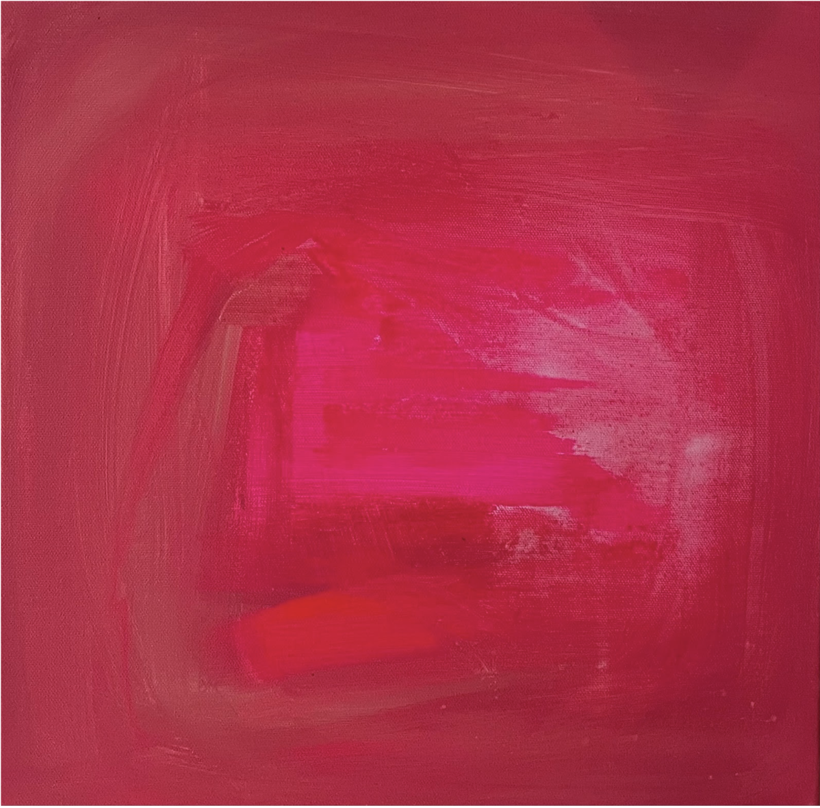 Abstract painting with red and pink brush strokes and textures.