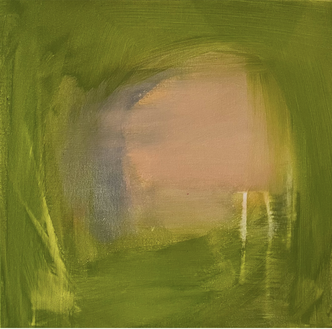 Abstract painting with green, beige, and pink hues, featuring a blurred circular shape in the center.
