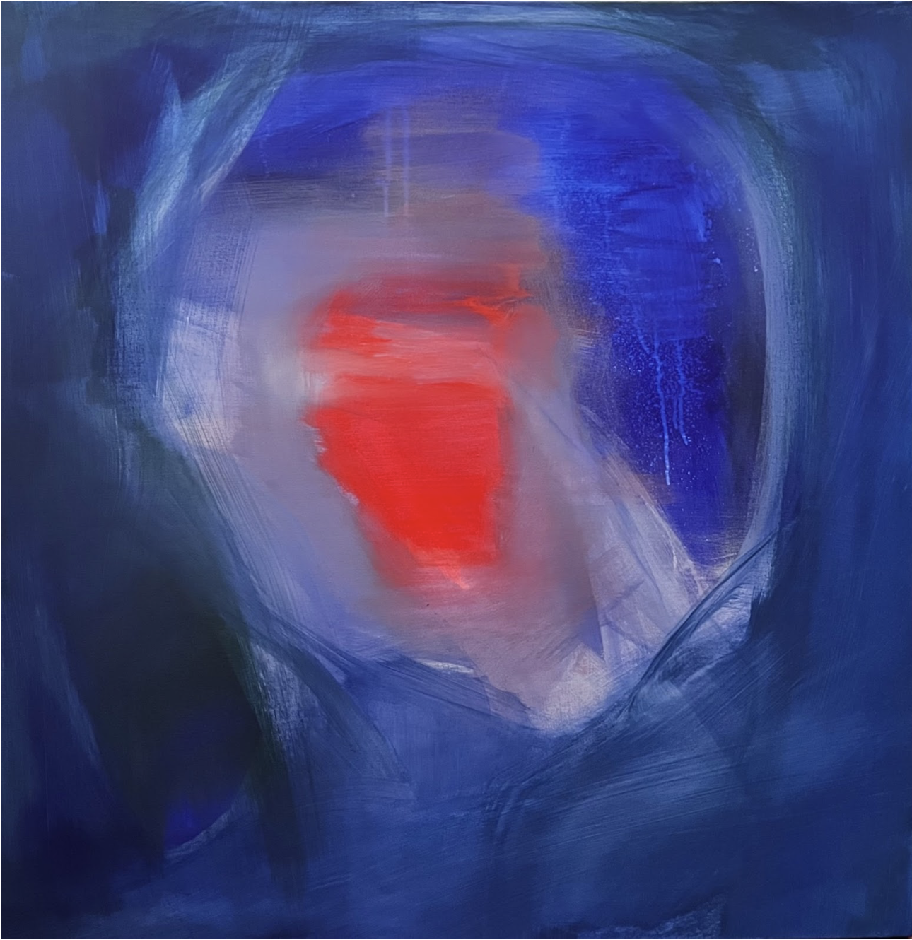 An abstract painting with a central red area surrounded by blue and purple brushstrokes.