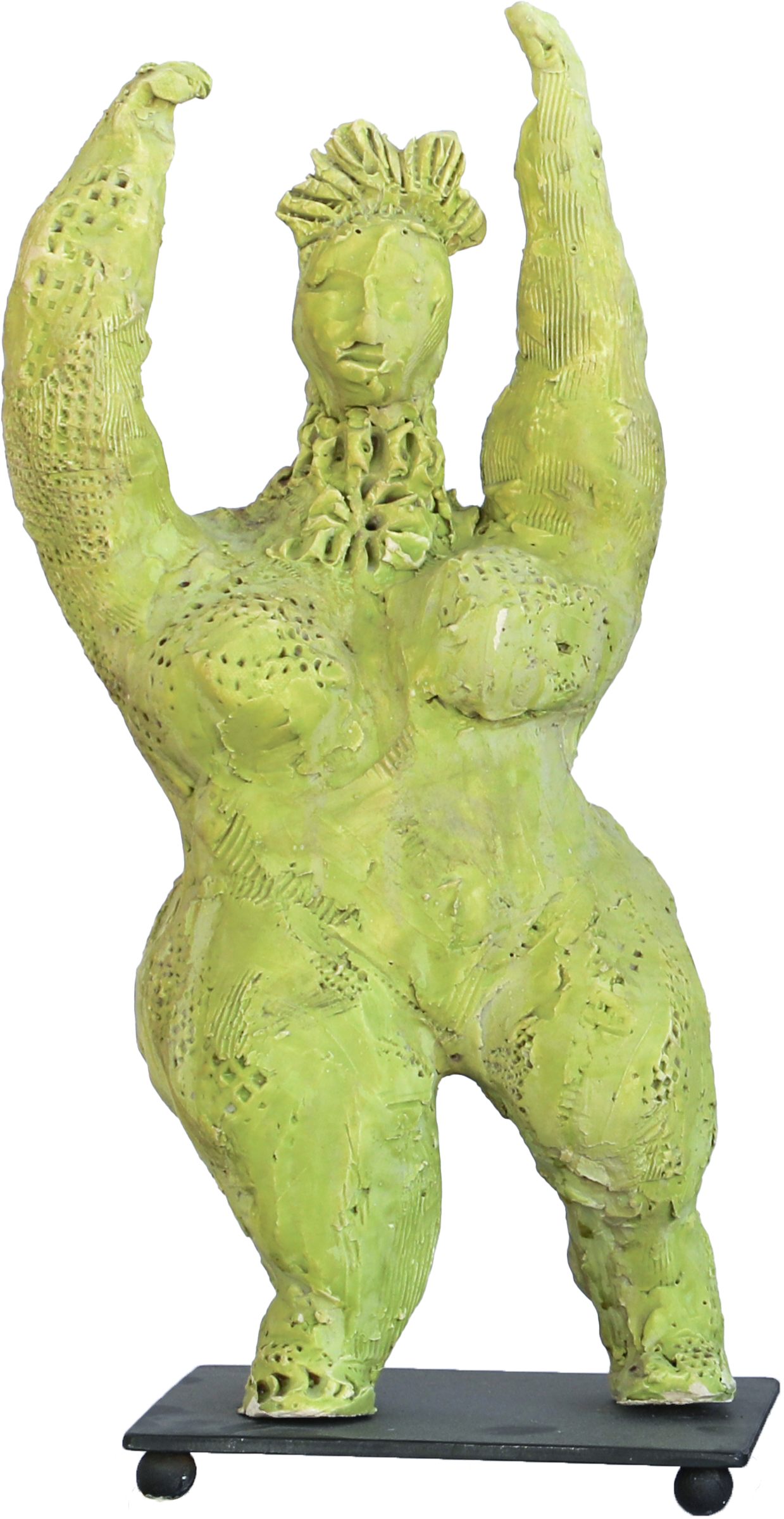 Sculpture of a humanoid figure with an exaggerated muscular build, made from a yellowish-green material, standing on a black platform with wheels.
