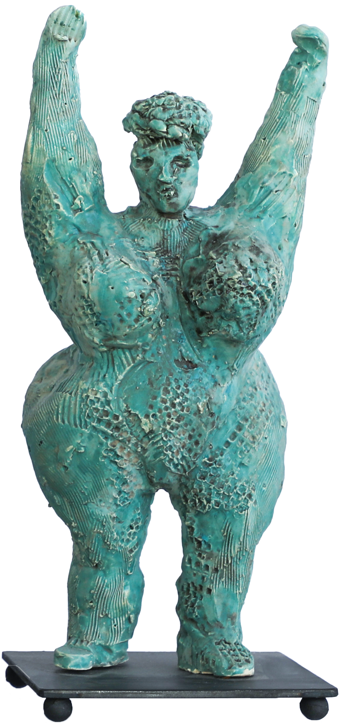A bronze sculpture of a female figure with raised arms, short hair, and a textured, patterned body, mounted on a black pedestal.