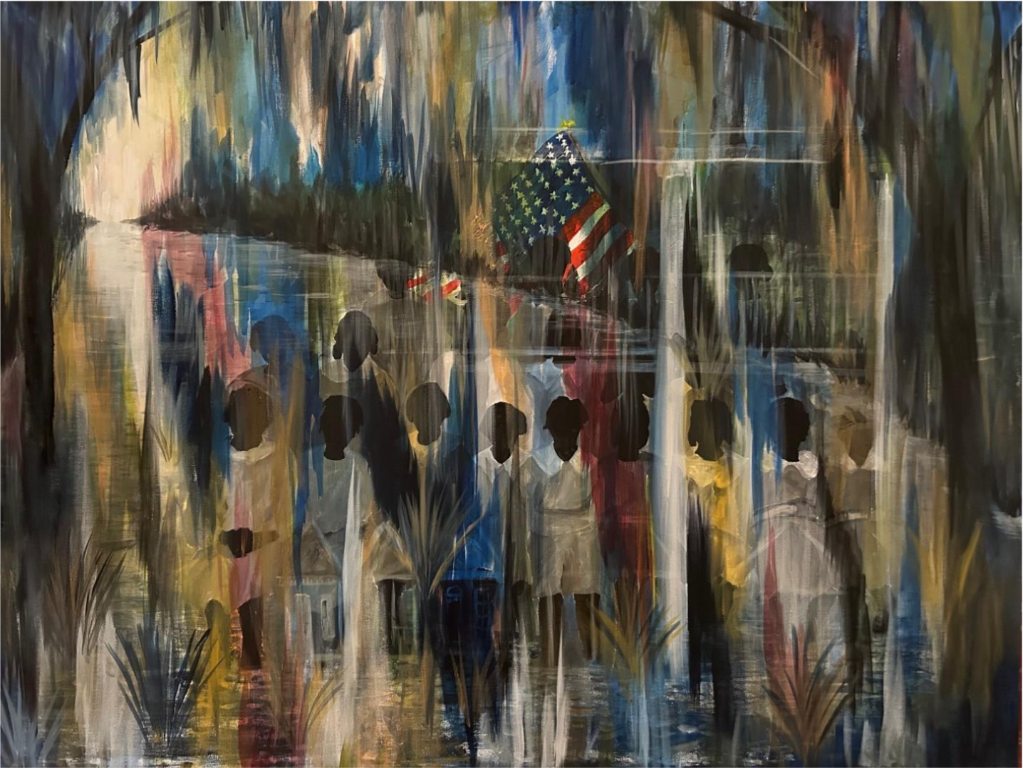 Abstract painting depicting children standing outdoors near water, with an American flag and trees in the background.