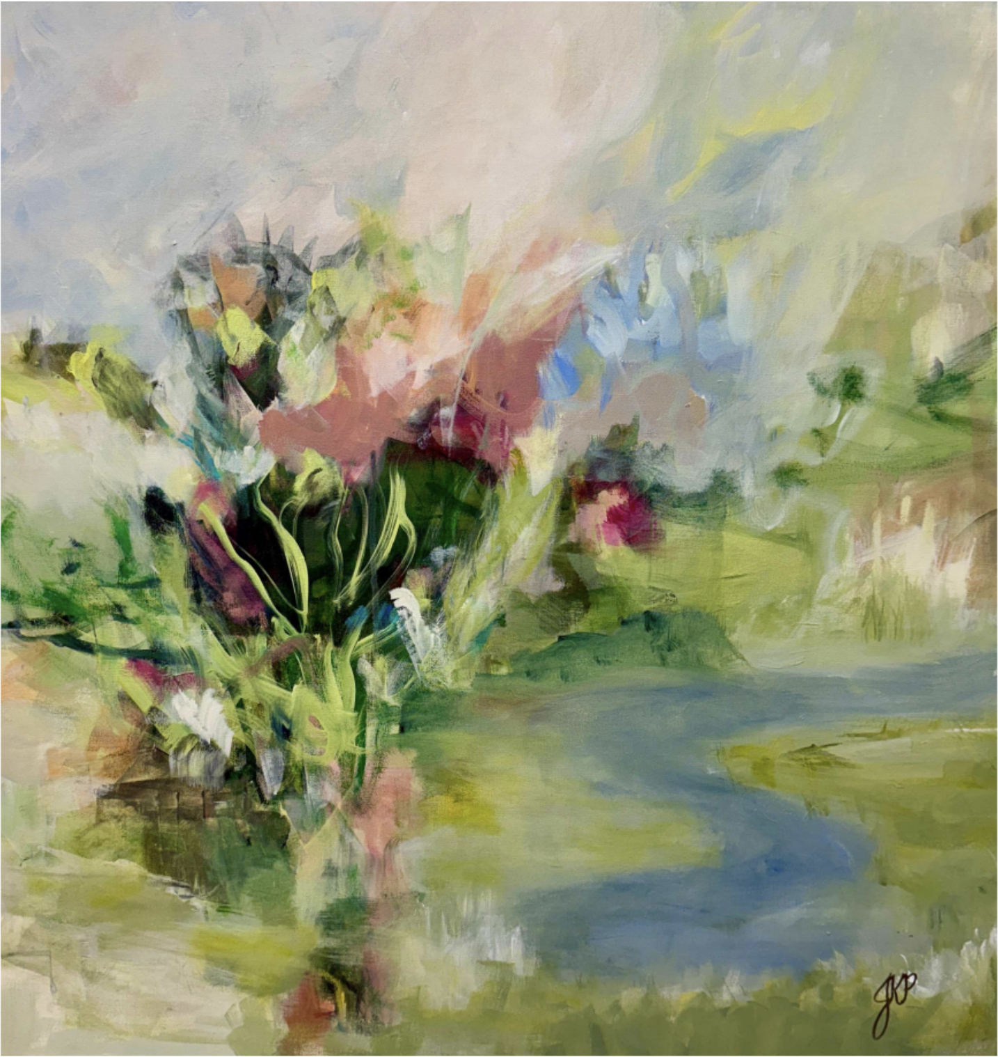 An abstract painting of a flower bouquet in a glass vase with a soft green and pastel background.