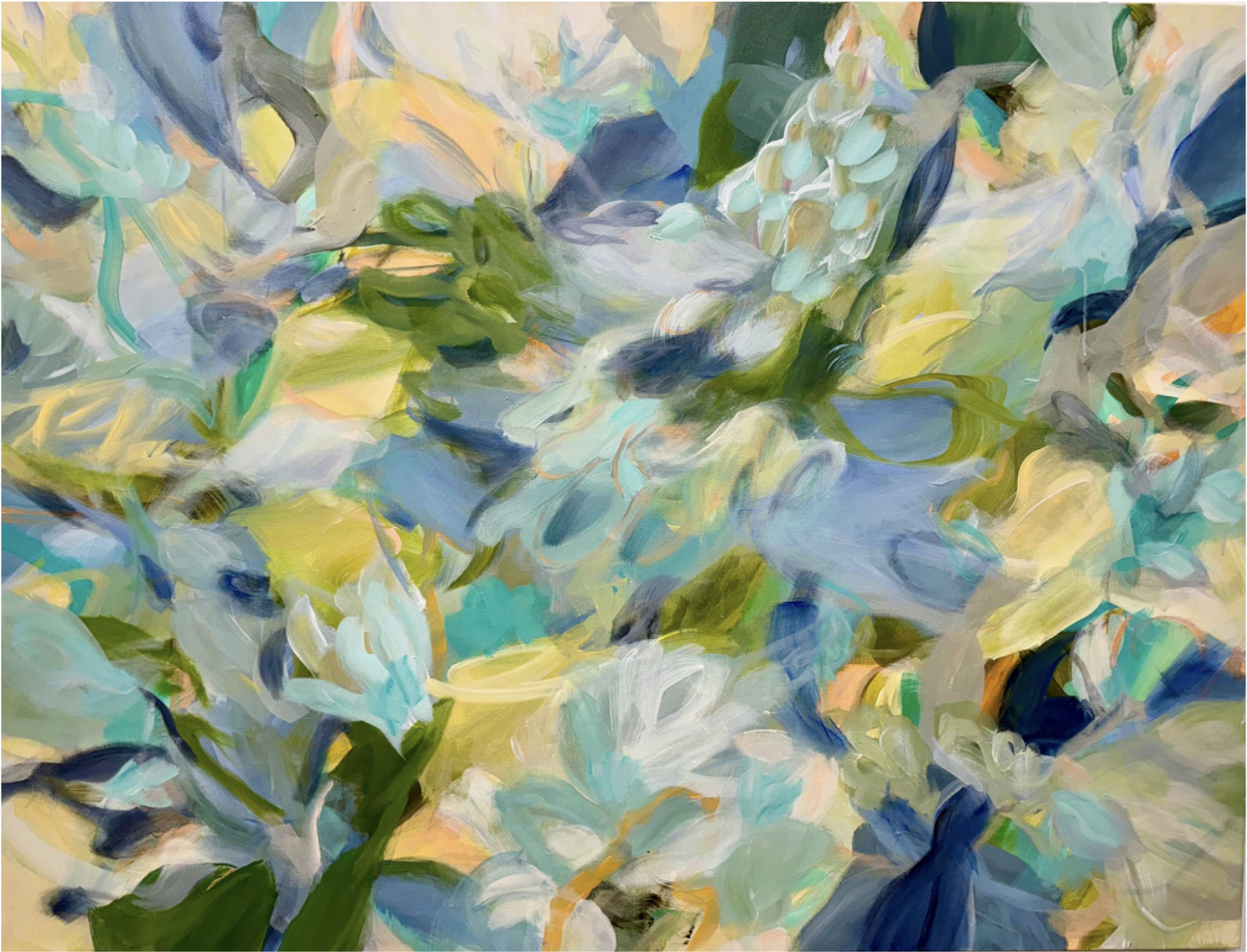 An abstract painting with a mix of light blue, green, yellow, white, and beige brushstrokes creating a floral or natural scene.