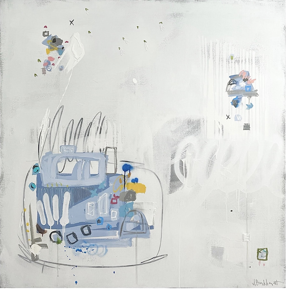 Abstract painting with blue, gray, white, yellow, pink, and black brushstrokes, lines, and shapes, including a faint face outline and scattered small elements.
