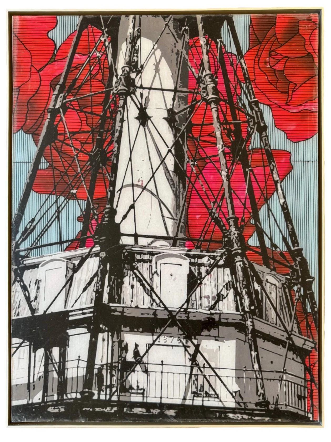 Illustration of a radio tower with a background of large red leaves and sky.