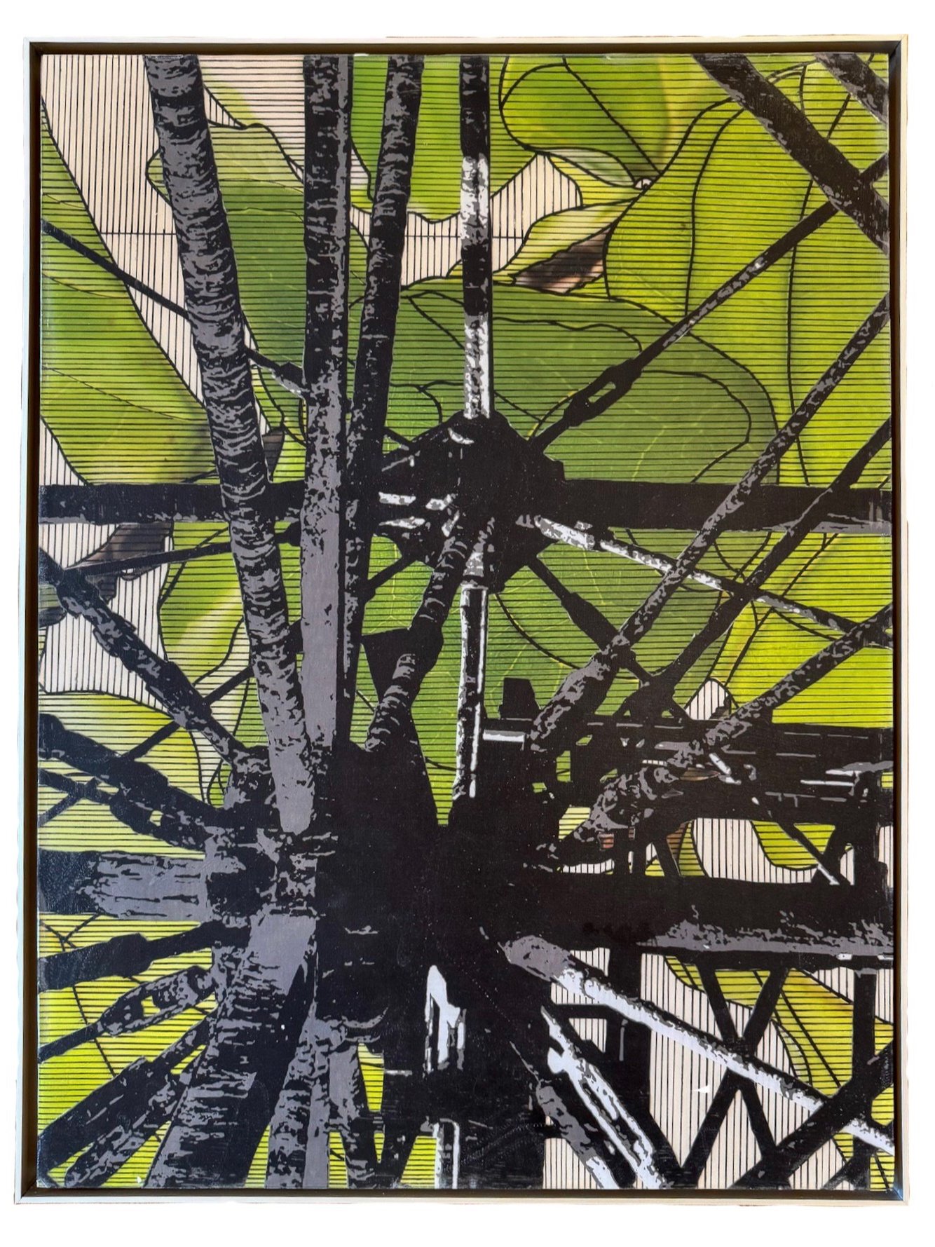 A framed digital artwork of a tree viewed from beneath, with black branches and bright yellow-green leaves, depicted in a stylized, high-contrast graphic style.