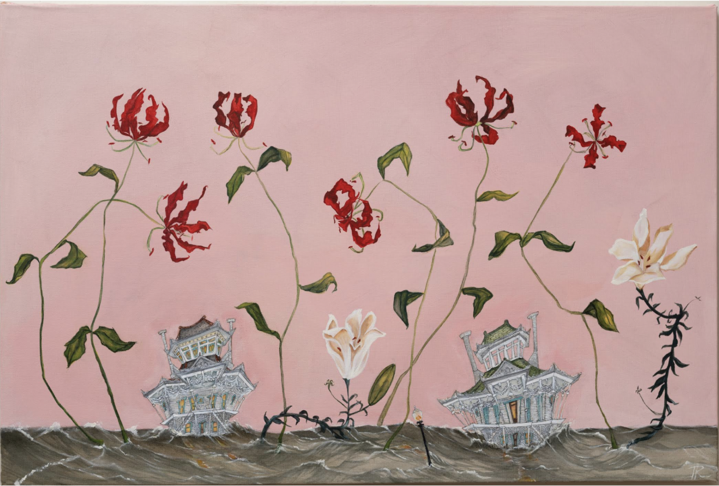 A surreal painting of large, delicate flowers growing out of water, with miniature pagoda-style buildings among their roots on a pink background.