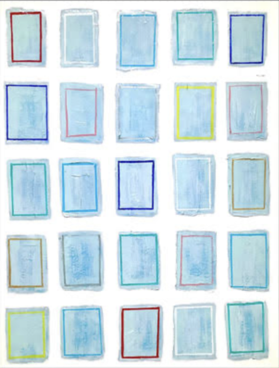 A grid of 20 rectangular cards with colorful borders, arranged in five rows and four columns. The borders are in red, blue, yellow, gray, and green.
