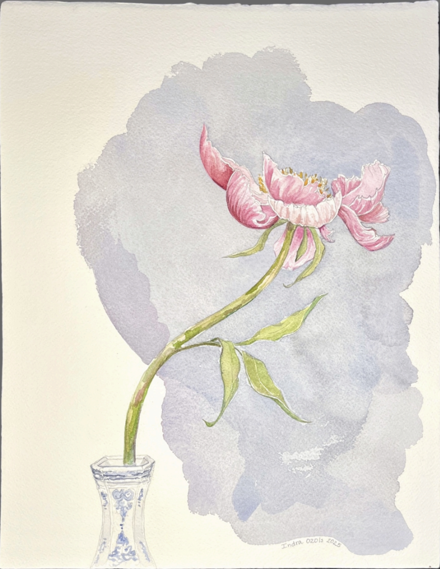 Watercolor painting of a pink peony flower in a blue and white vase, with a soft gray and purple background.