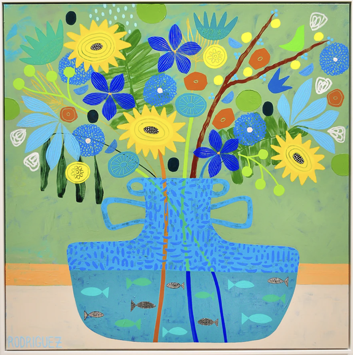 Colorful abstract artwork featuring a blue vase with stylized flowers above and fish below, against a green background.