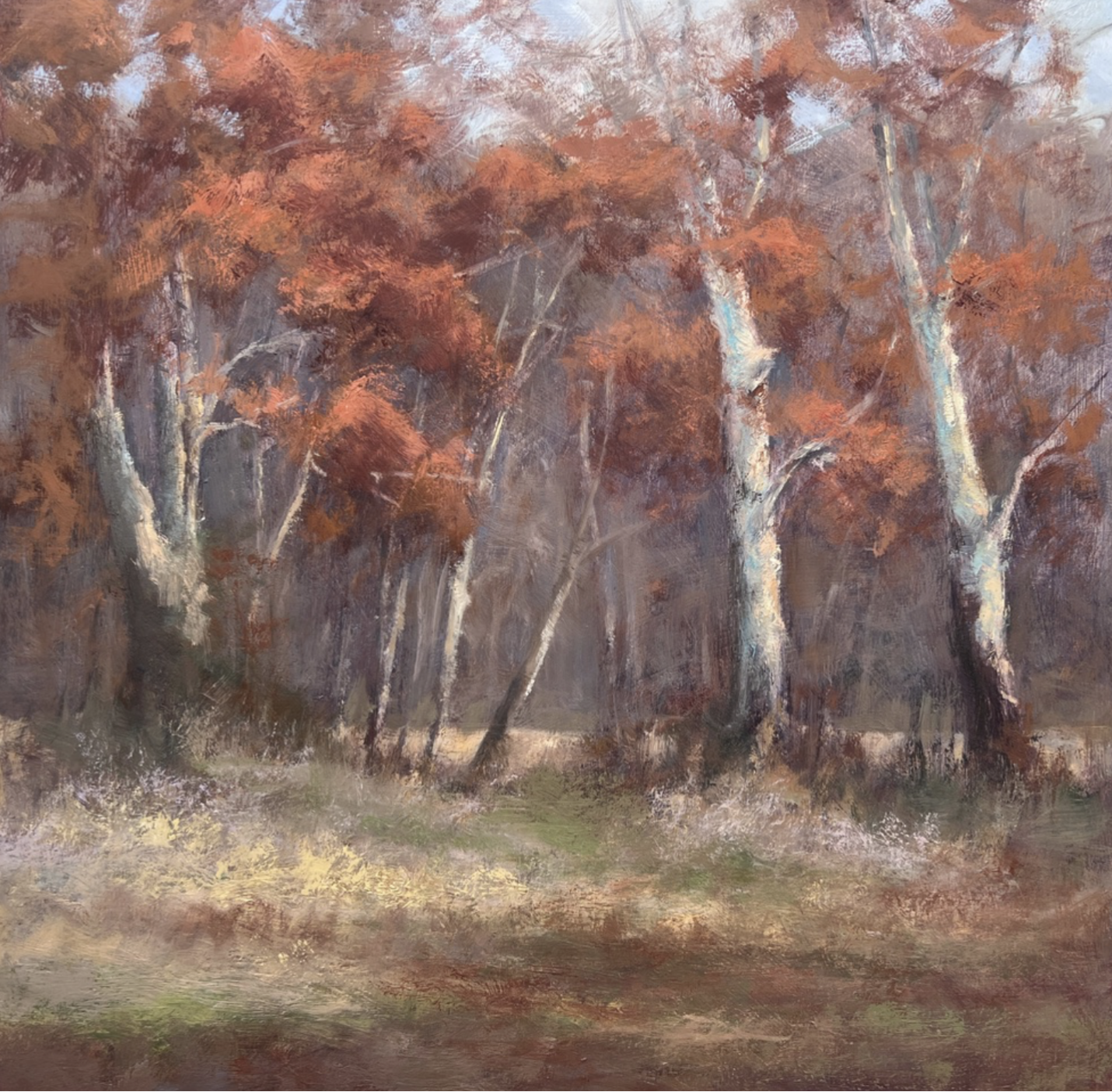 An impressionist-style painting of four trees with orange leaves in a forest with a misty background.