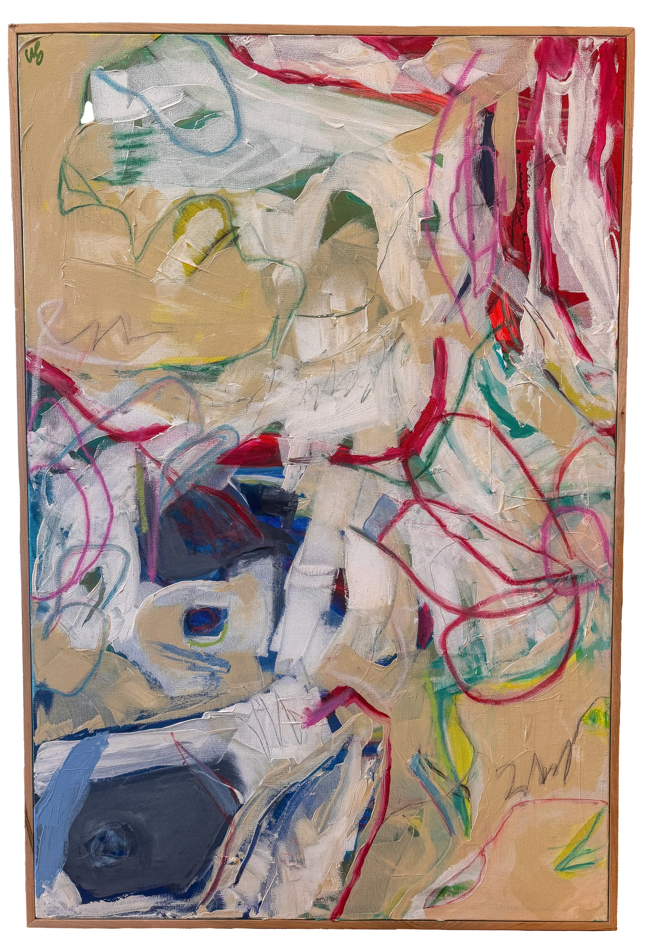 Abstract painting with swirling shapes and lines in beige, red, pink, blue, green, and black colors framed in wood.