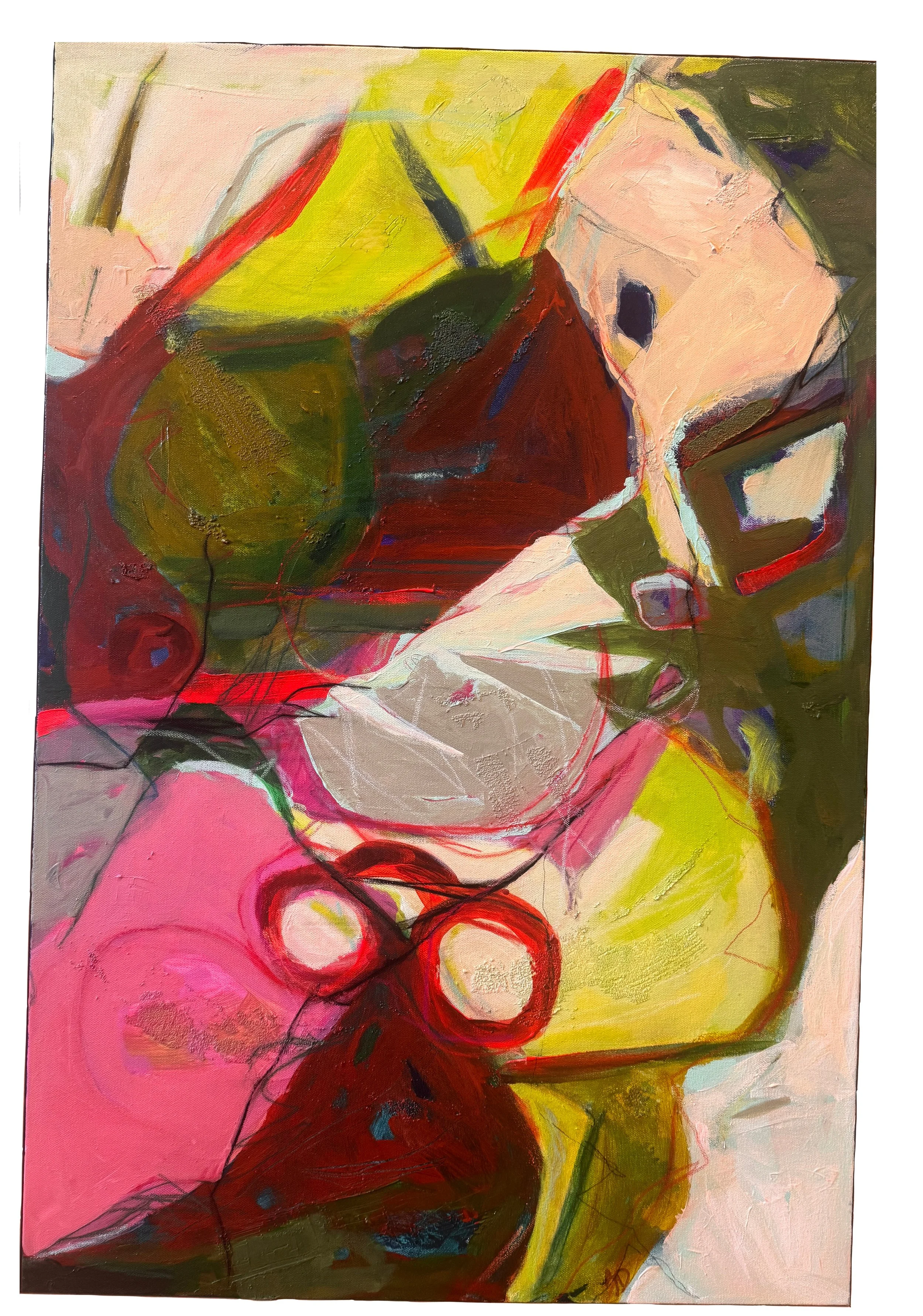 An abstract painting with vivid colors including pink, red, yellow, green, white, and black, featuring swirling shapes and bold brushstrokes.