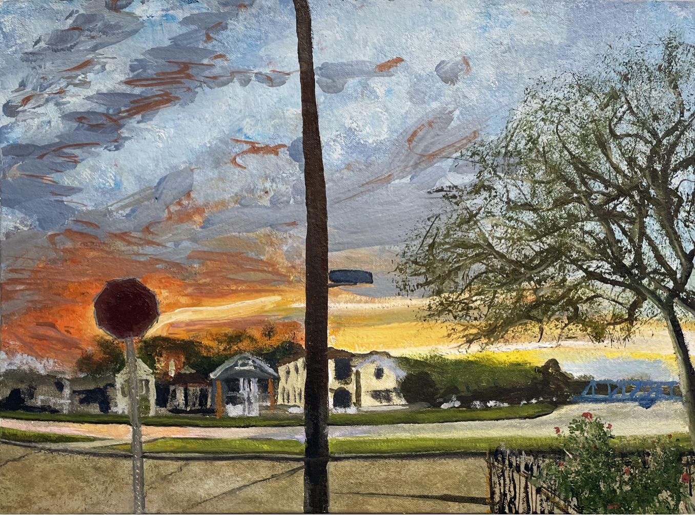 A painted landscape of a neighborhood at sunset with houses, trees, and a colorful sky with clouds.