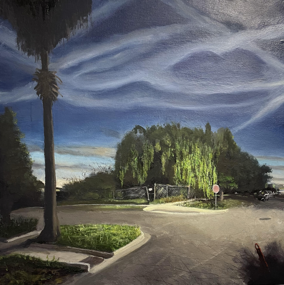 A painting of an outdoor scene featuring a tall palm tree on the left, a weeping willow tree in the center, and a curved road or parking lot with a stop sign in the foreground, under a dramatic, swirling blue sky.