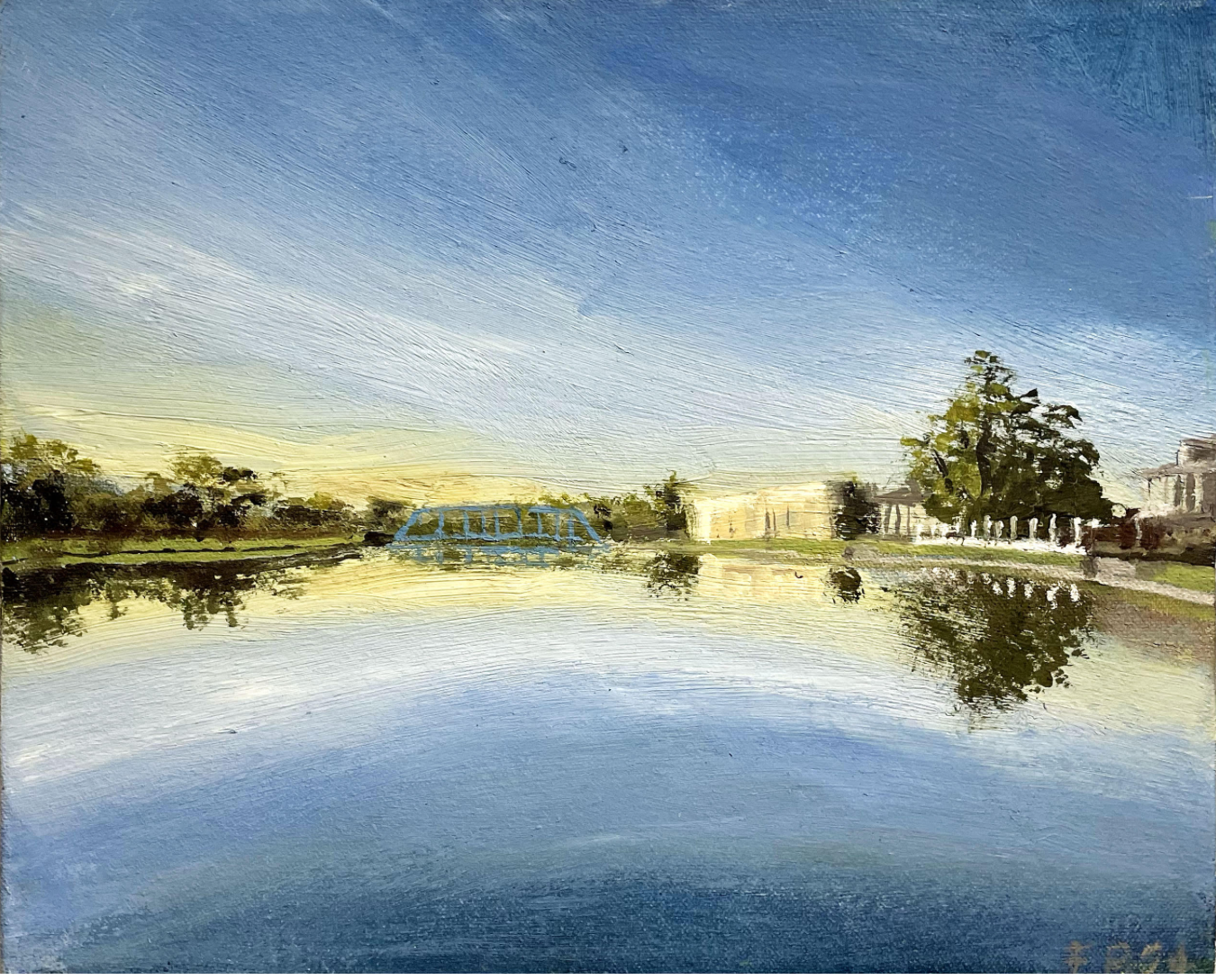 A painted landscape of a river and sky during sunset, with trees, buildings, and reflections in the water.