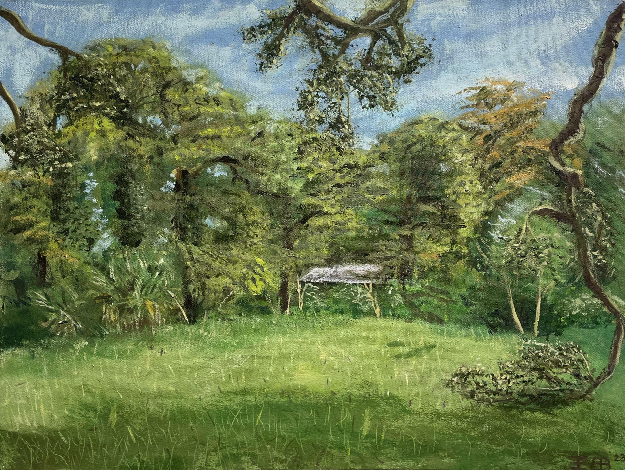 A painting of green trees with a small structure, possibly a gazebo, on a grassy landscape under a cloudy sky.