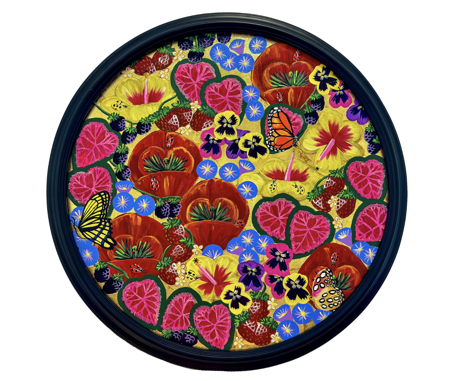 Colorful floral artwork with strawberries, hearts, flowers, butterflies, and ladybugs in a circular frame.