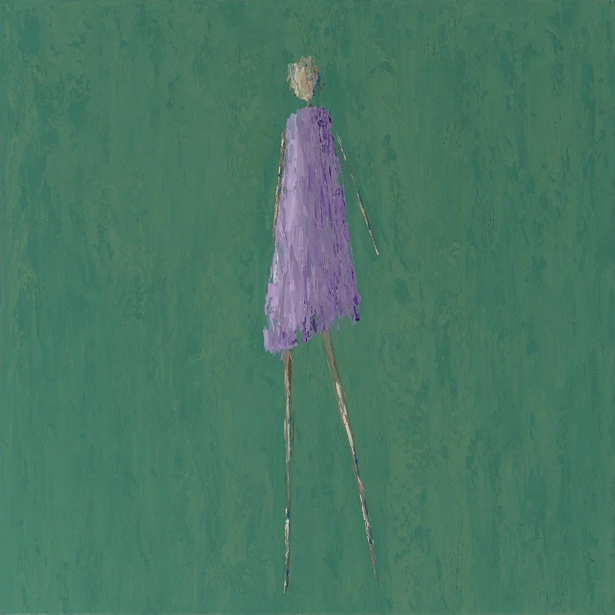An abstract painting of a female figure with a purple dress and stick-like legs, set against a teal background.