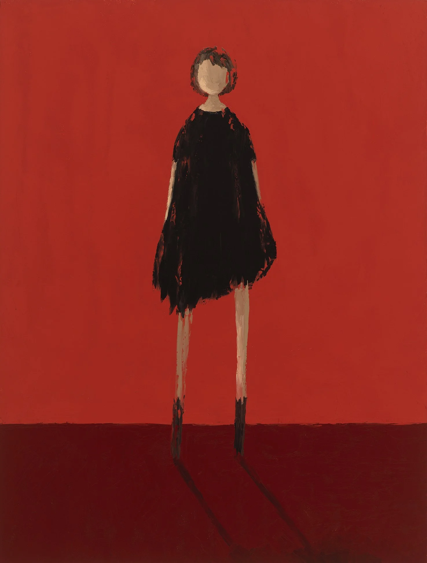 An abstract painting of a faceless woman with short hair wearing a black dress, standing against a red background. The painting emphasizes the figure's form and shadow.