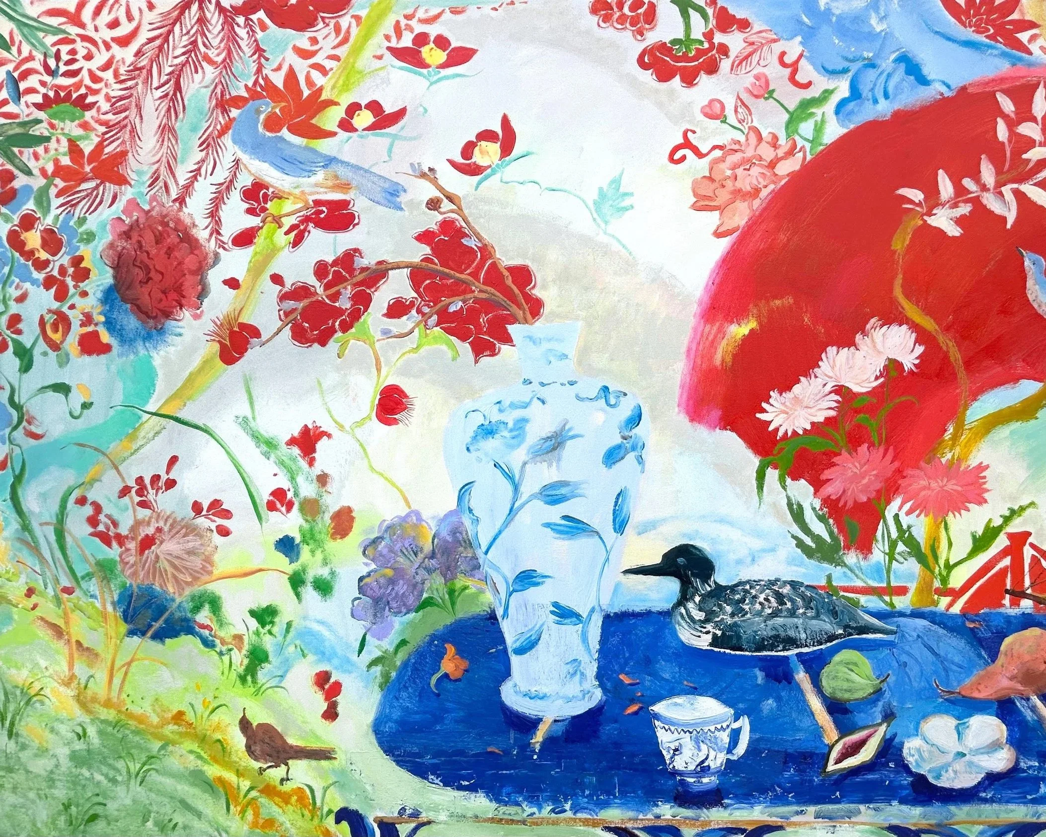 A colorful watercolor painting featuring flowers, birds, a pond with a sleeping cat, and a red arch in a vibrant garden scene.