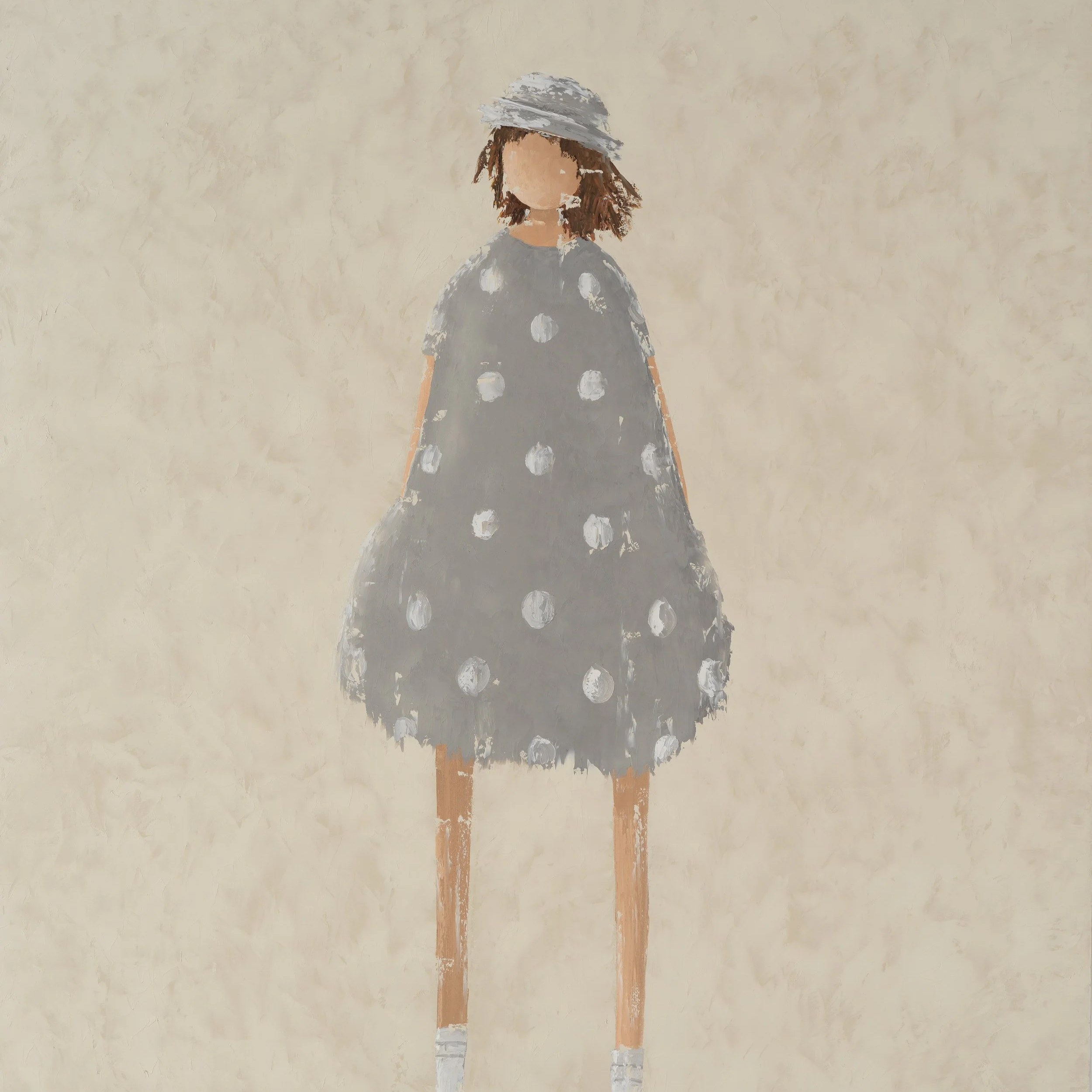 Painting of a girl wearing a gray dress with white polka dots and a gray hat, standing on an uneven light-colored background.