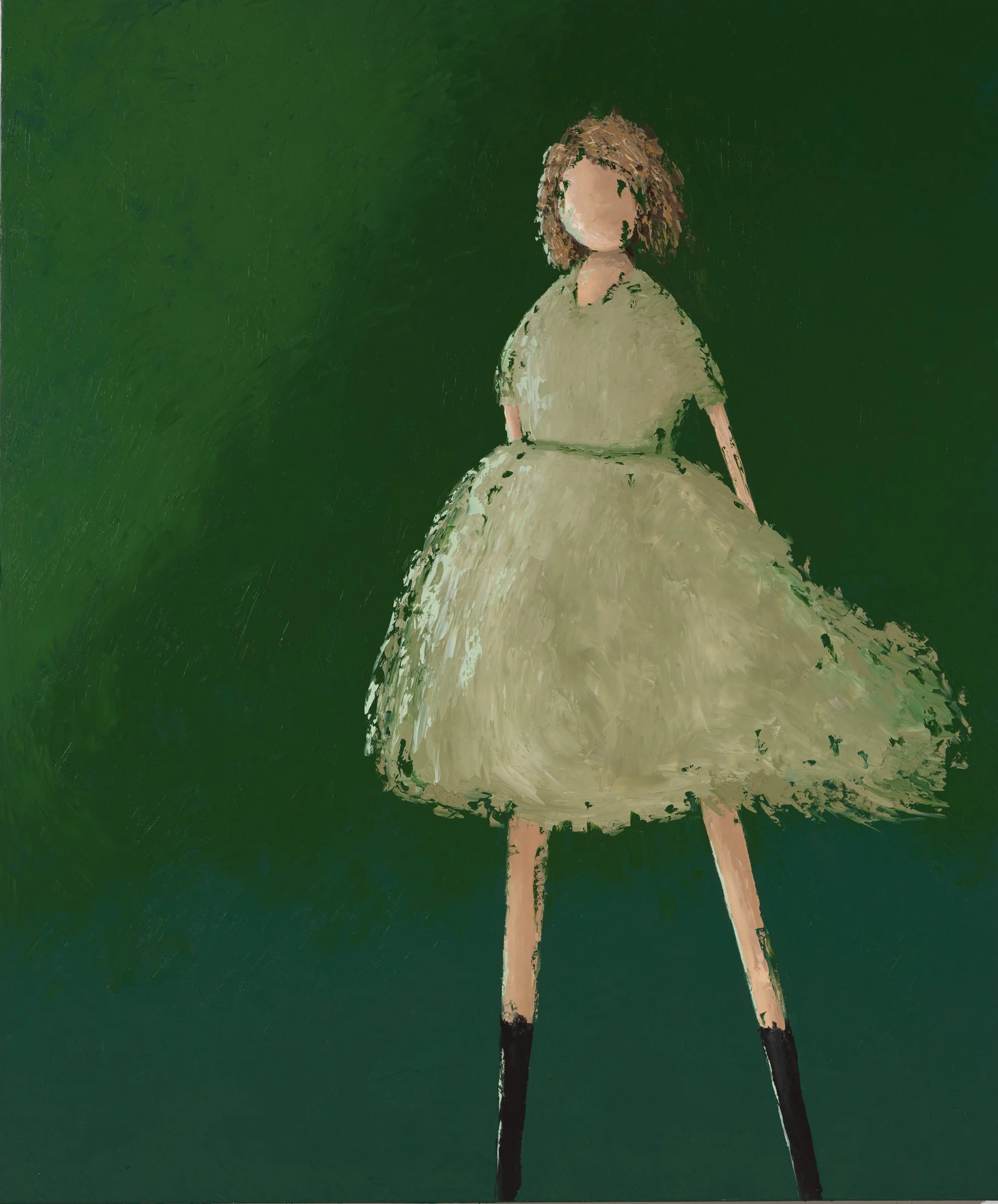 Abstract painting of a faceless girl with curly hair, wearing a light green dress, standing against a dark green background.