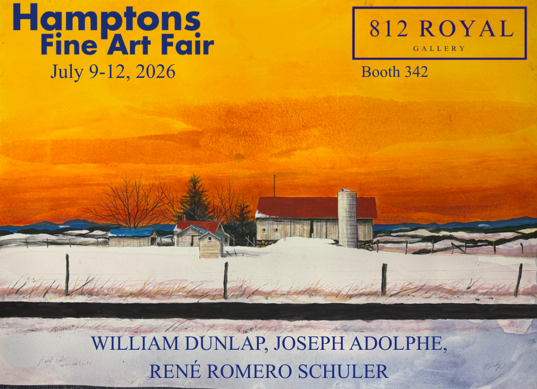 Illustration of a rural landscape with farm buildings, trees, and fields under a vivid orange sunset sky, promoting the Hamptons Fine Art Fair happening July 9-12, 2026, at 812 Royal Gallery, Booth 342. Artists listed: William Dunlap, Joseph Adolphe, René Romero Schuler.