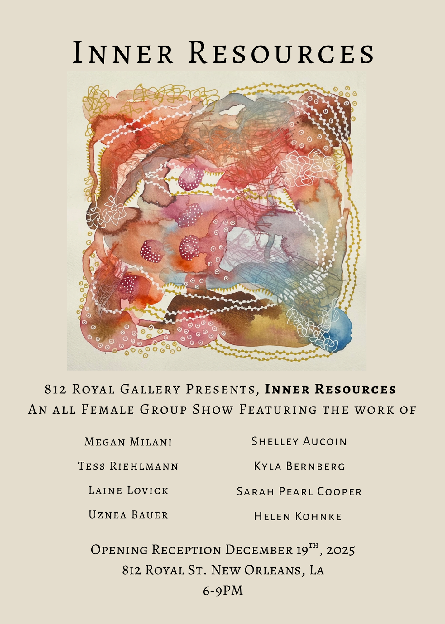 Event poster for an art show titled "Inner Resources" featuring abstract watercolor artwork with flowing lines and splotches in shades of red, orange, pink, blue, and brown. The poster includes the exhibition details, artist names, and opening reception information.