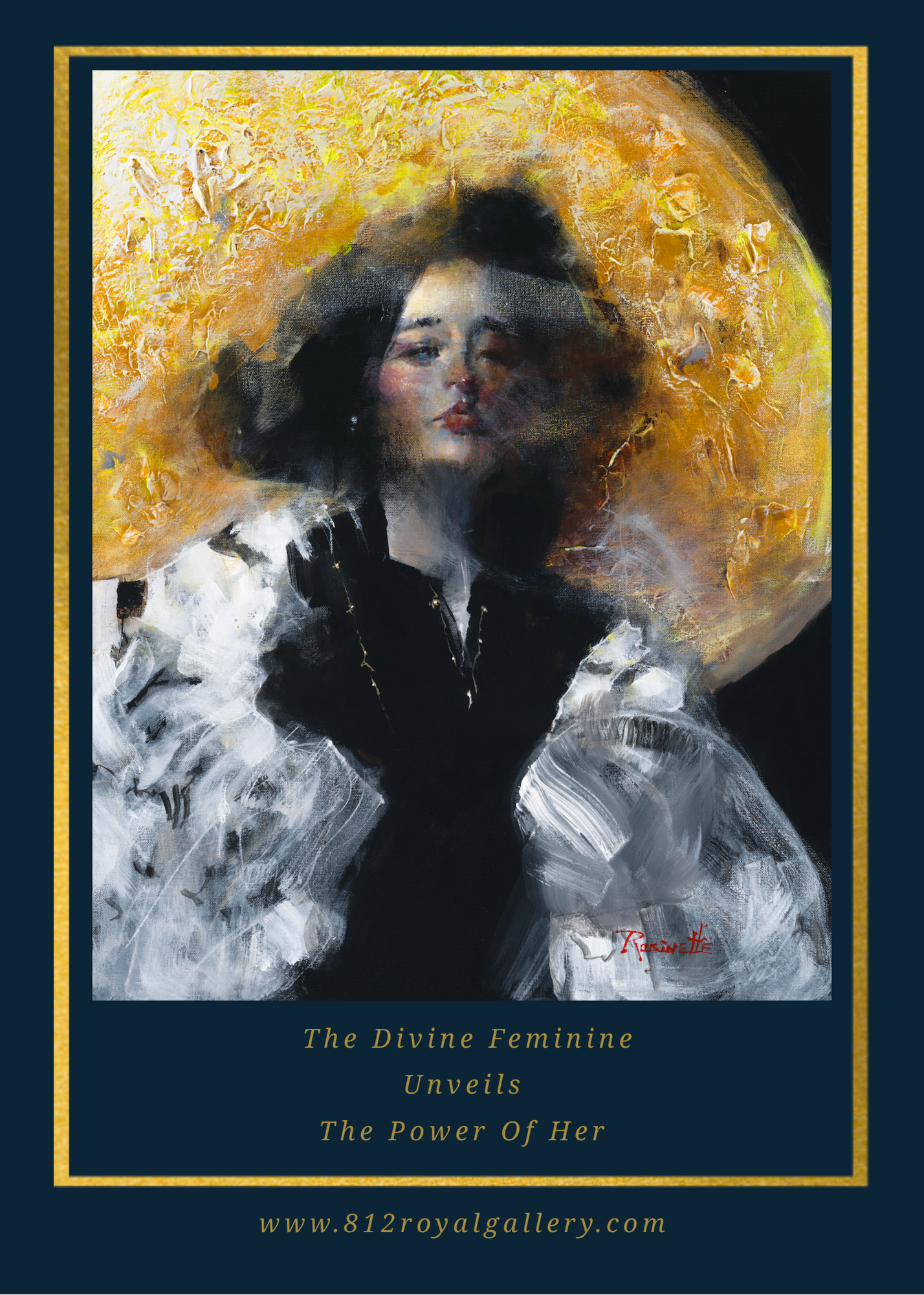 A painting of a woman with dark hair, her face partly obscured by abstract brushstrokes, surrounded by a textured yellow and black background, with a gold border and text that reads "The Divine Feminine Unveils The Power Of Her" and a website URL at the bottom.