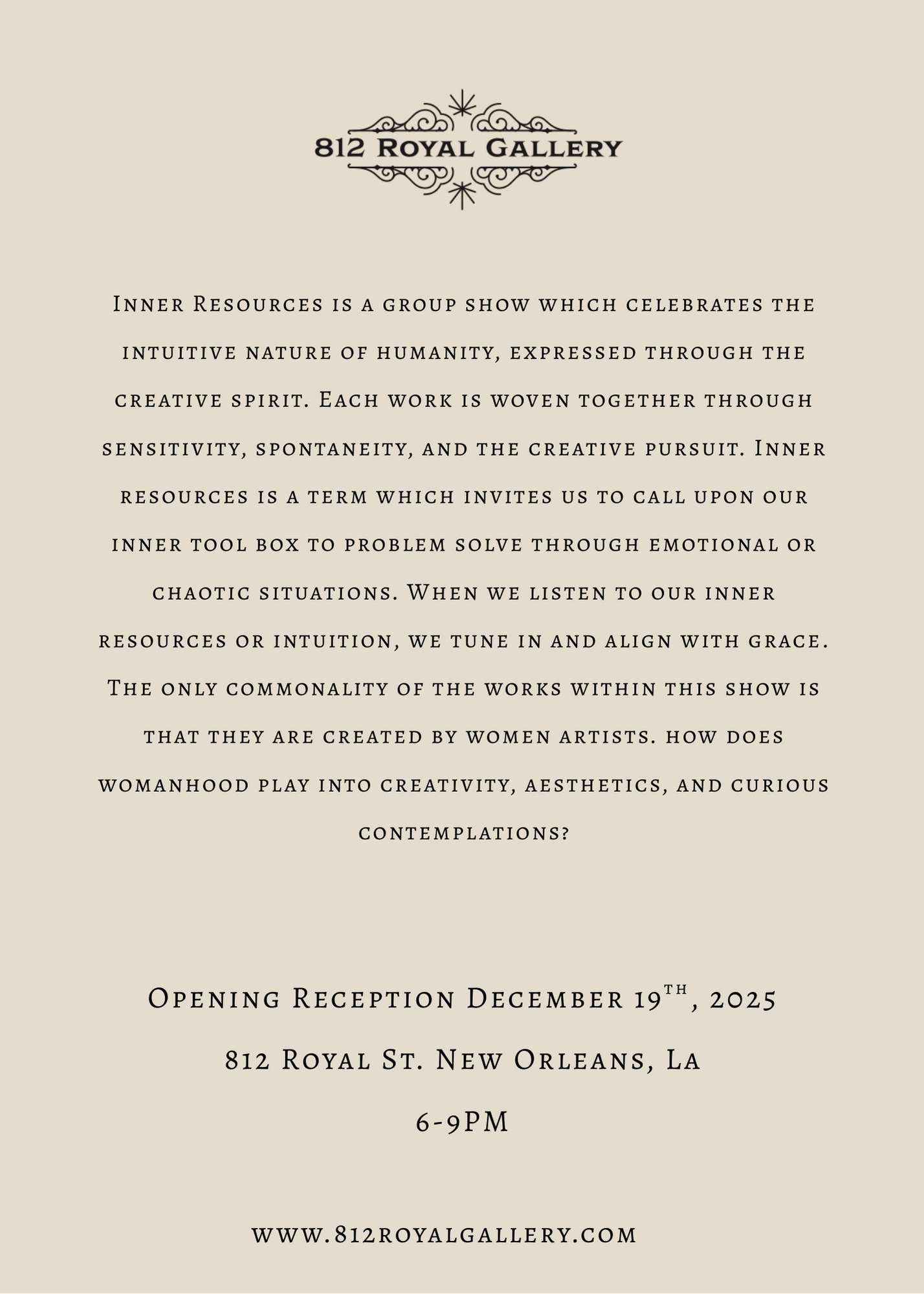 Invitation for an art show at 812 Royal Gallery with details about the opening reception on December 19, 2025, in New Orleans, Louisiana, including exhibition dates and website.