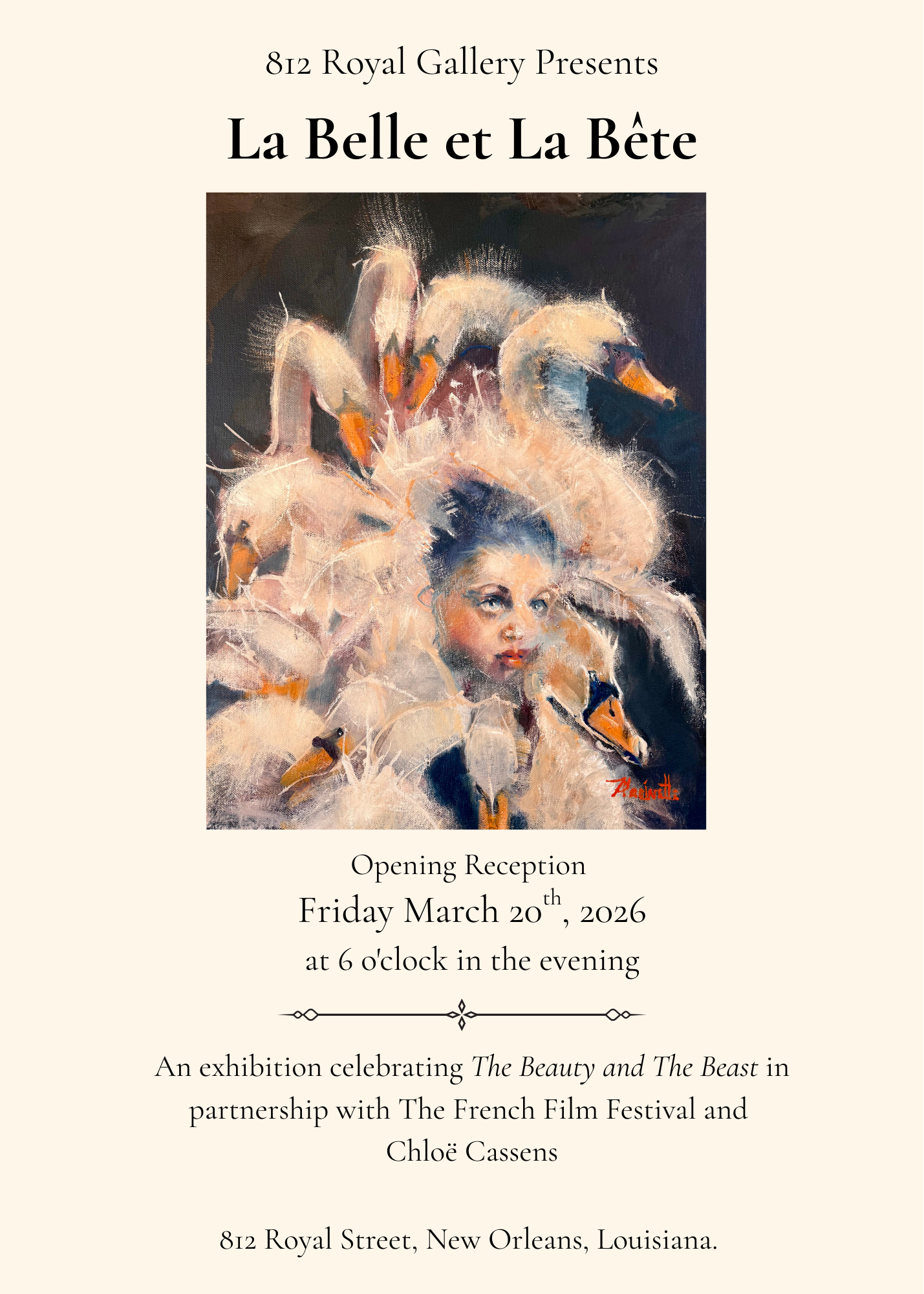A digital flyer for an art exhibition titled 'La Belle et La Bête' presented by 812 Royal Gallery. The flyer includes an impressionistic painting of a woman with swan-like features and several swans, with the woman’s face in the foreground. The event details, including date, time, and location, are displayed below the artwork. The background of the flyer is light beige.
