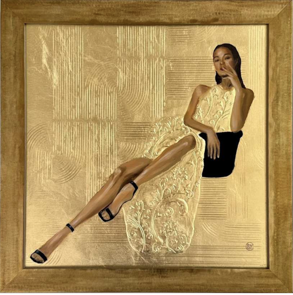 A framed artwork featuring a woman in a yellow dress with black heels, seated with one leg crossed over the other, against a textured gold background.