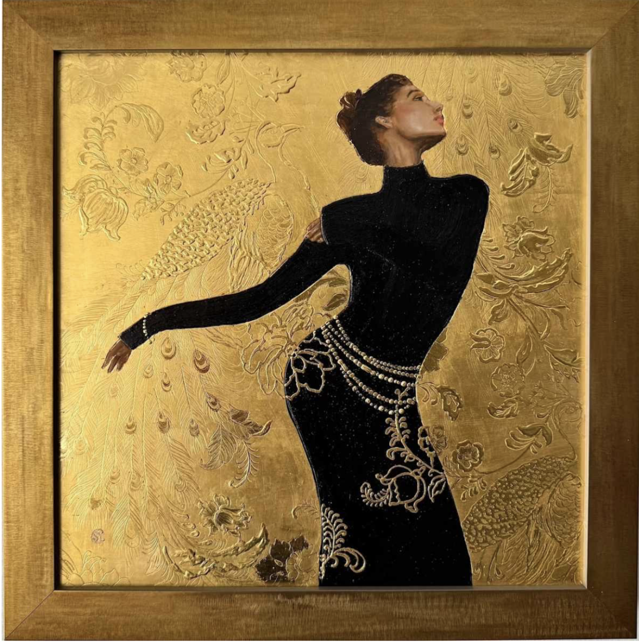 A painting of a woman in a black dress with pearl embellishments, posing with her arms extended and head tilted back against a gold background with floral and fish designs.