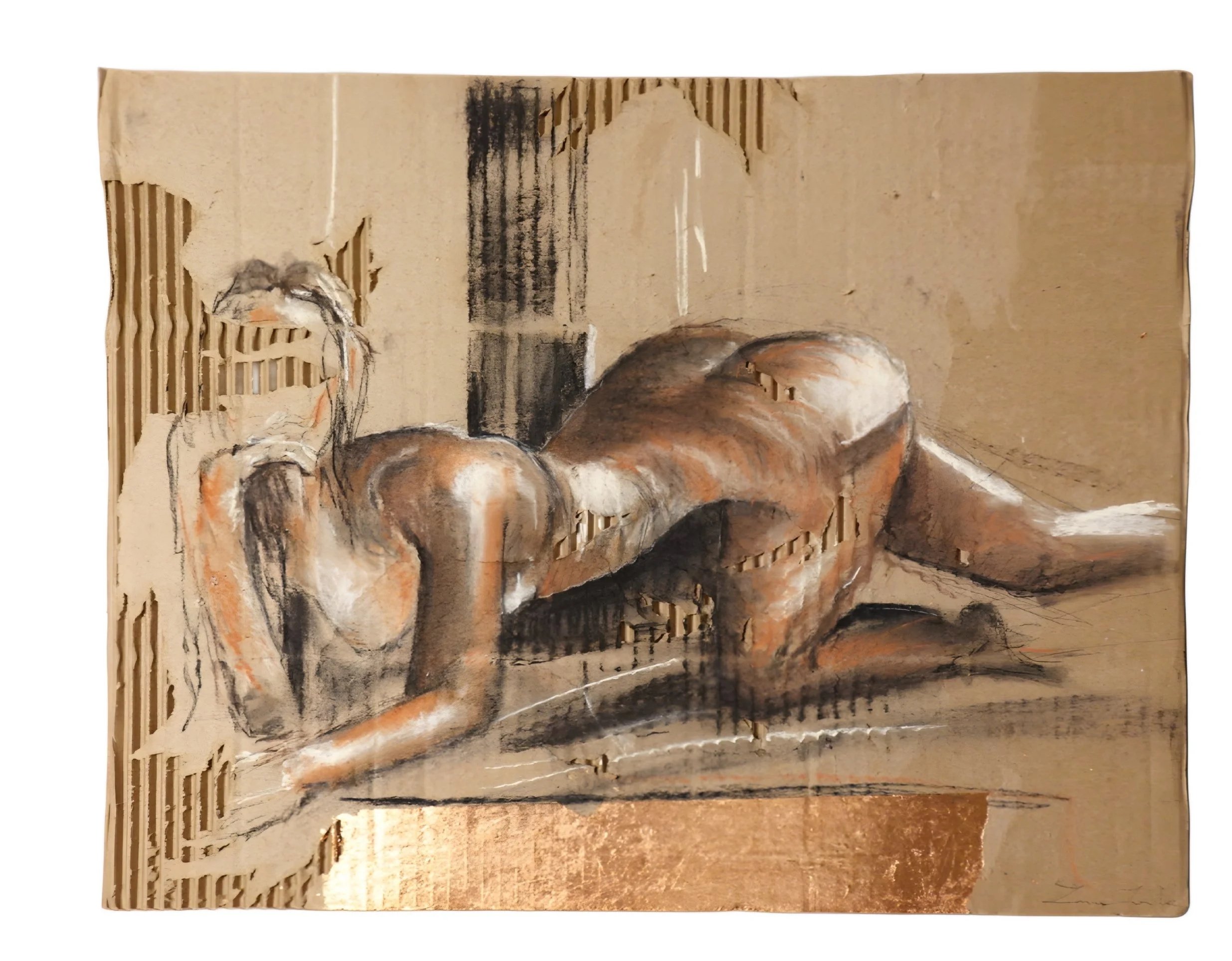 An abstract painting on a cardboard surface depicting a female nude, with black drips and sketchy outlines of figures and architectural elements.
