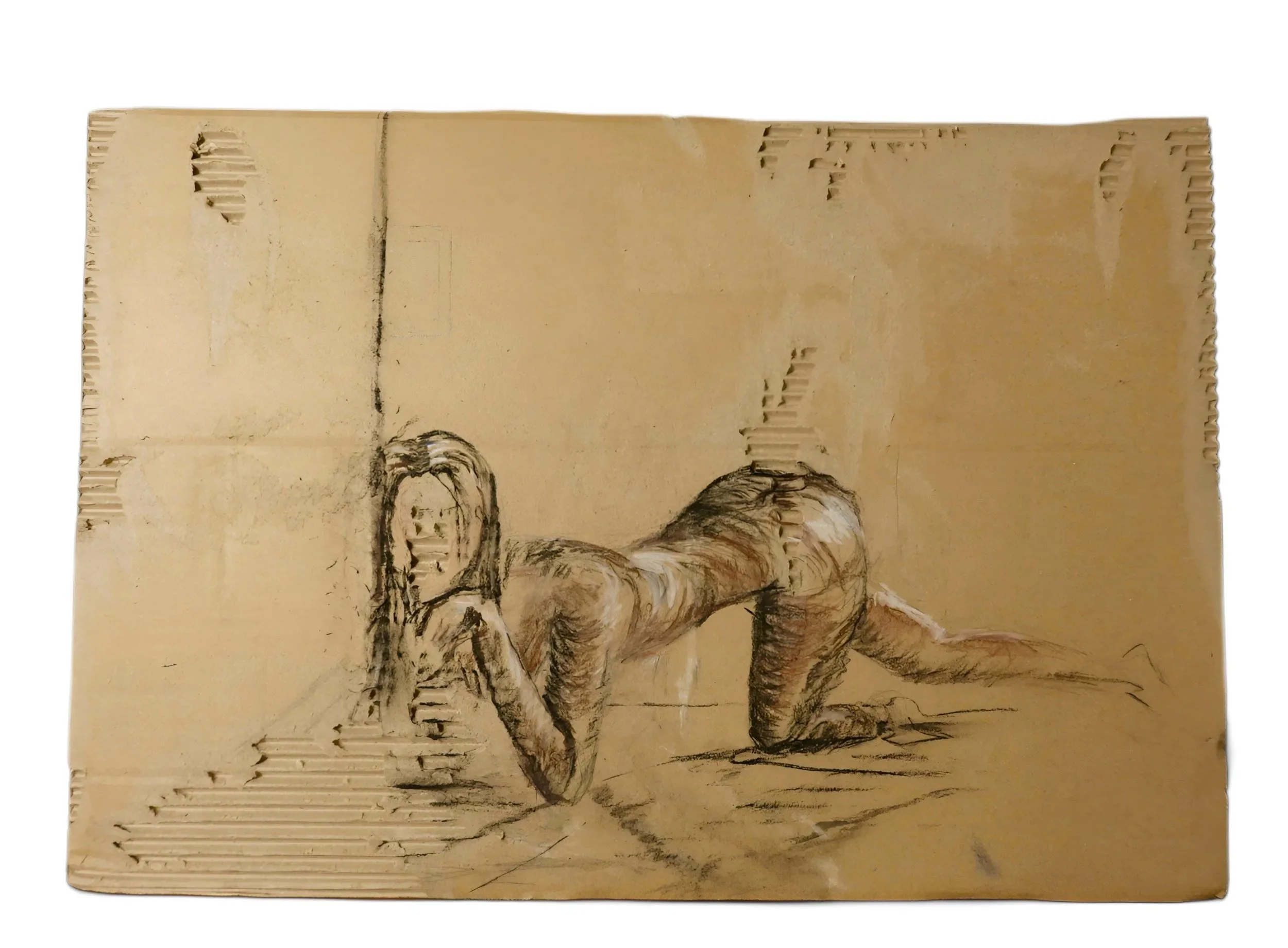 A detail of a vintage sketch illustration on aged paper showing a person lying down, with some buildings and trees in the background.