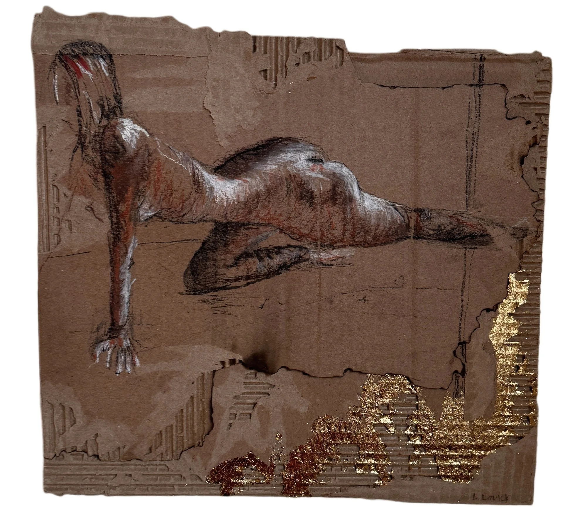 A colored drawing of a woman reclining on her side, with her head supported by her left arm, on a piece of torn brown paper with gold accents on the right edge.