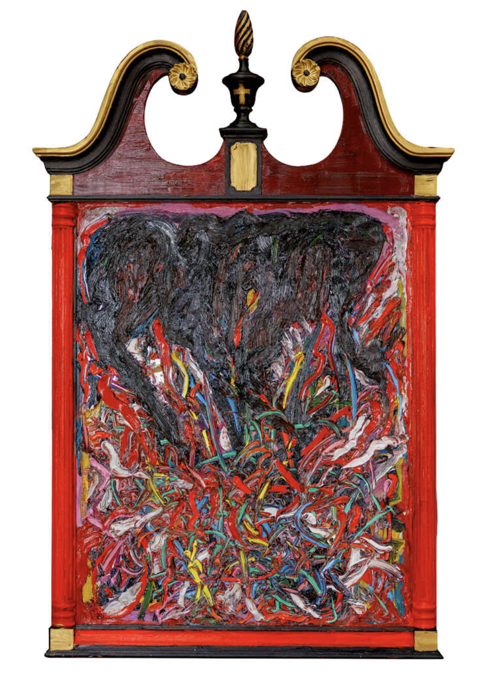 Brightly painted abstract artwork in a decorative wooden frame with gold accents and a small cross detail at the top center.