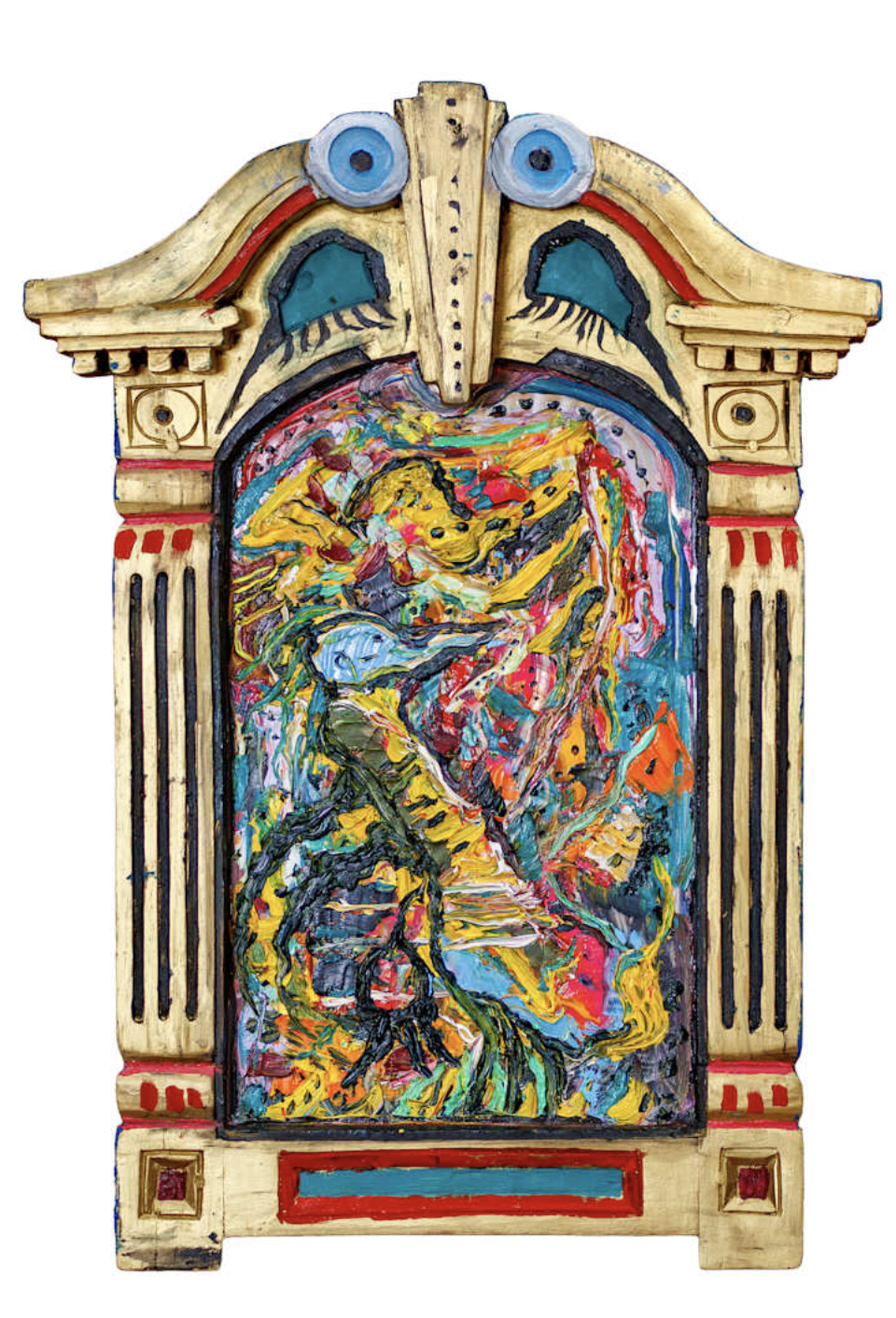 Abstract colorful painting of a human heart inside an ornate wooden frame resembling a theatrical or religious icon.
