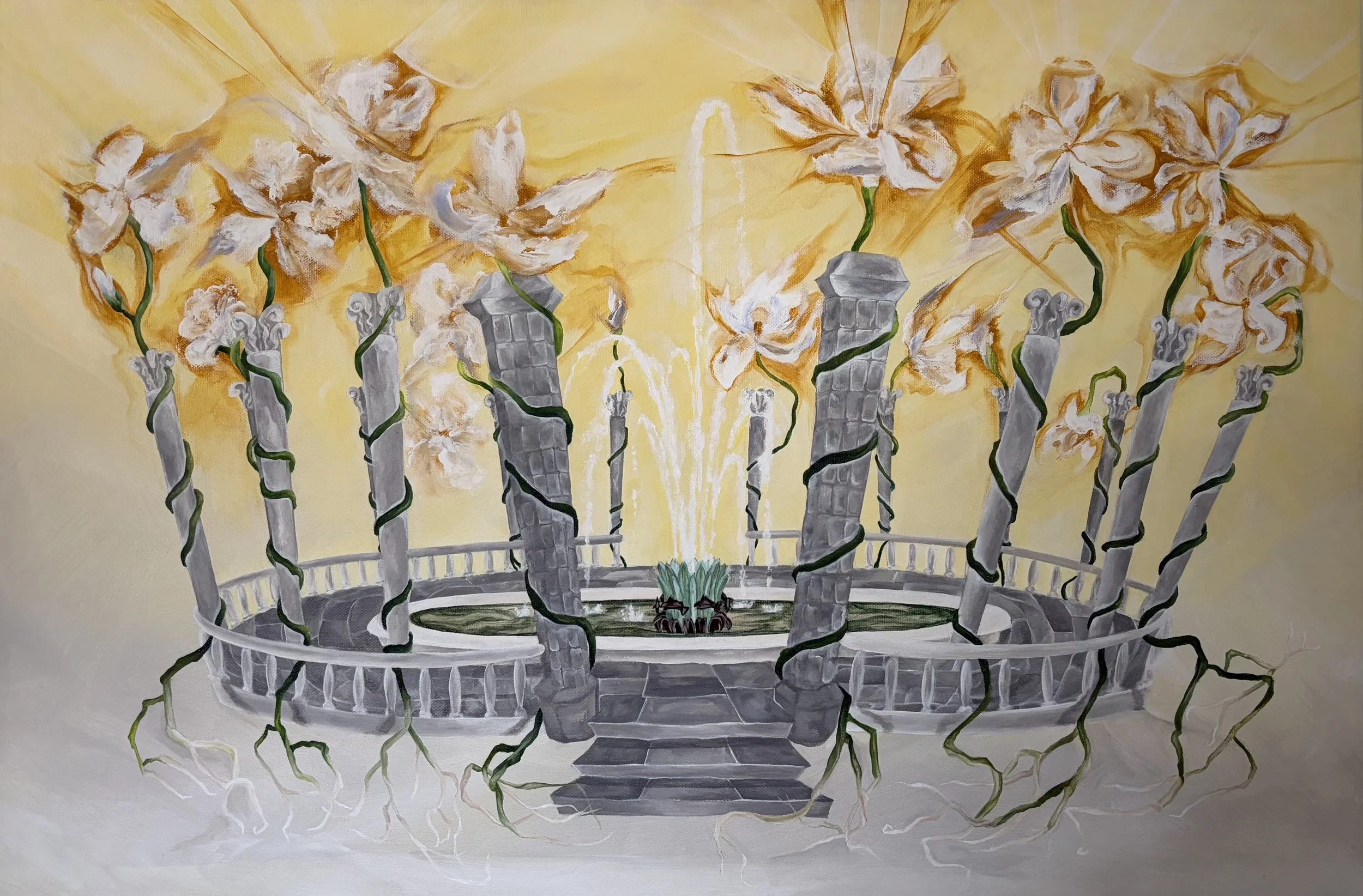 Painting of a chandelier with white flowers and gray pillars on a yellow background.