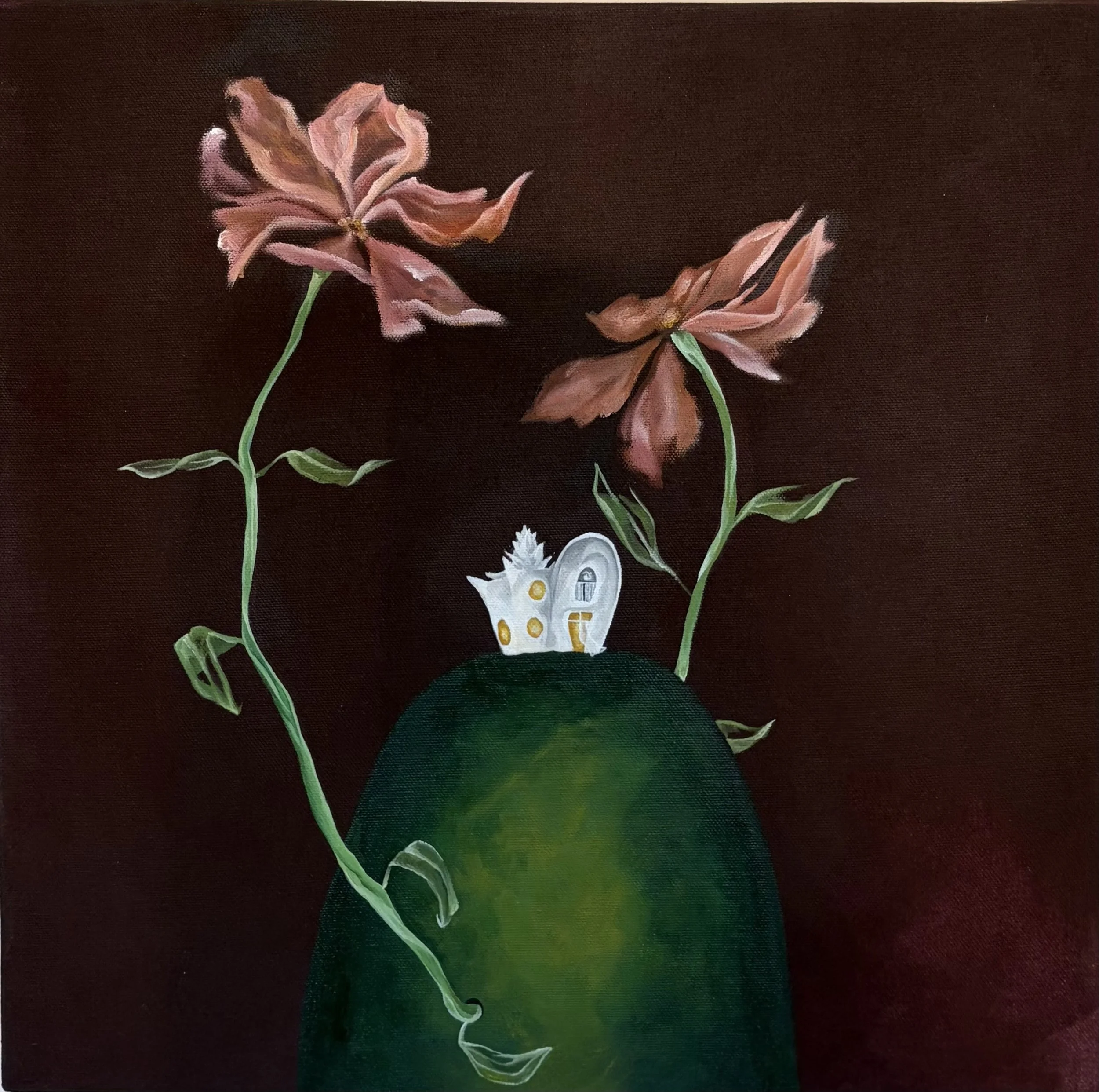 Close-up of pink and white flowers with green stems and leaves on a dark background, part of a botanical painting.
