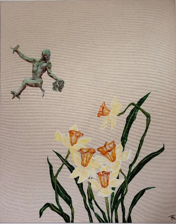 A drawing of a flying angel and a cluster of daffodil flowers with yellow petals and orange centers.