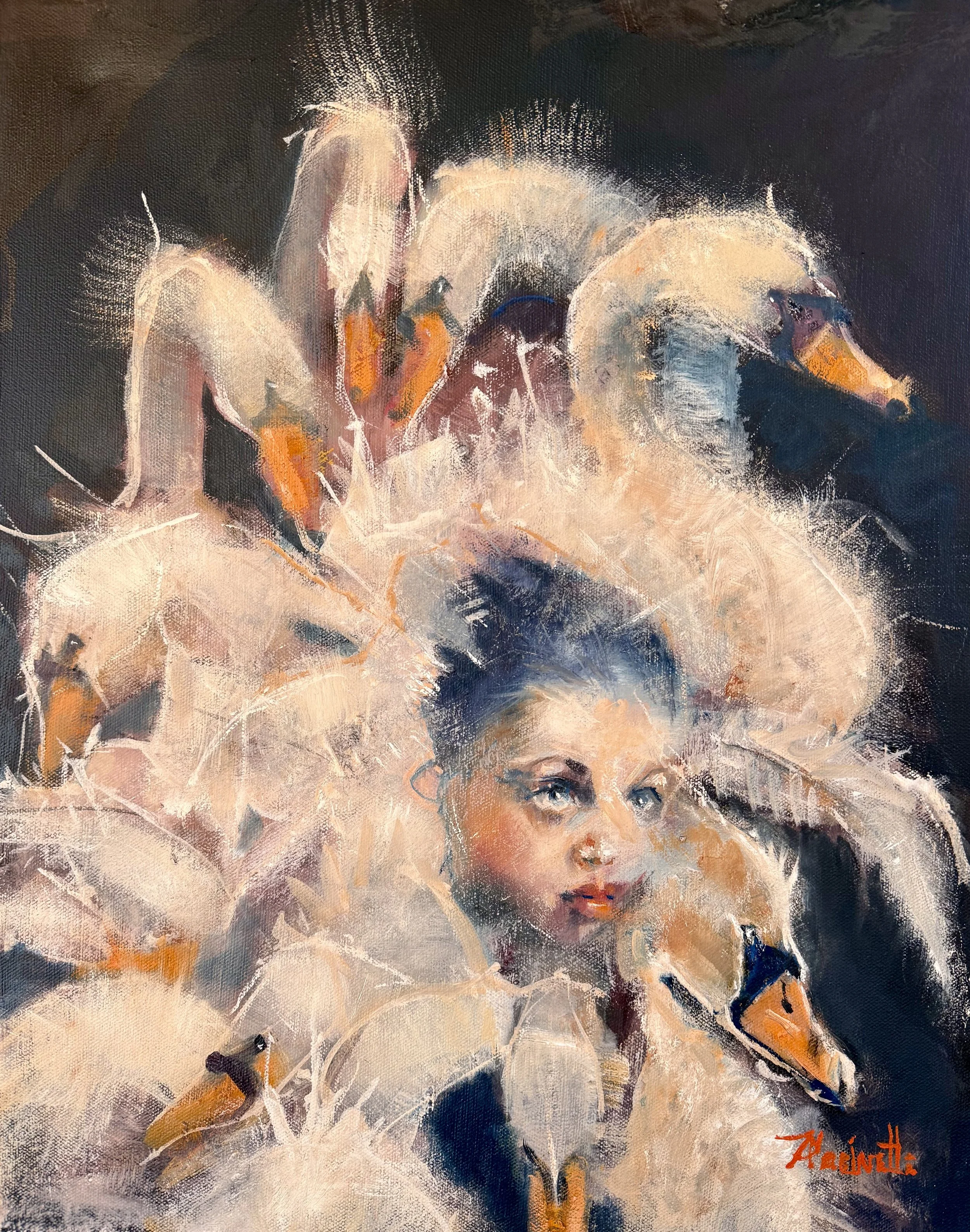 An impressionist-style painting of a woman with curly white hair, blue eyes, and red lipstick. She is wearing a dark top and gazing thoughtfully to the side.