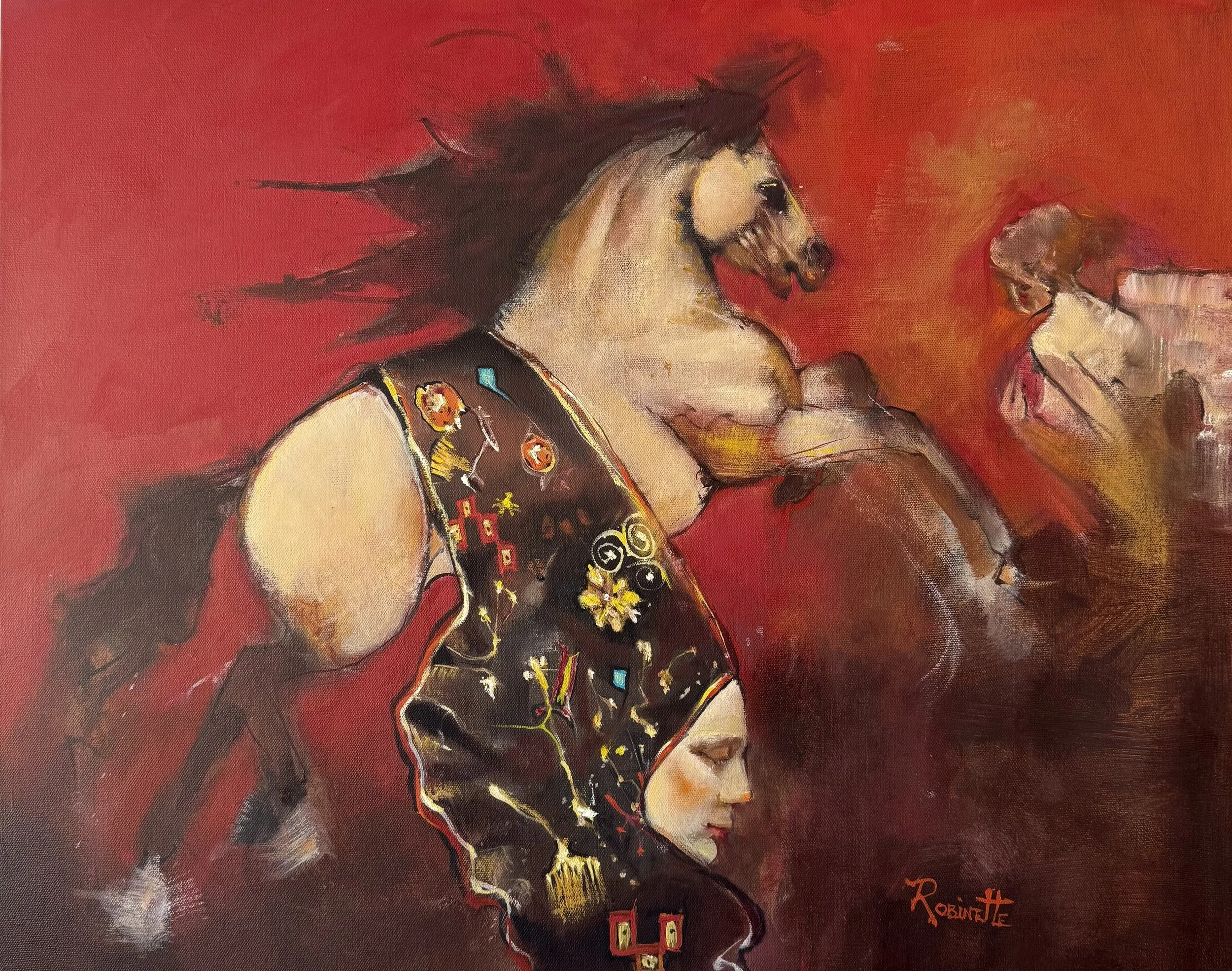 A painting depicting a woman's profile with her hair flowing upward against a red background. She is wearing a dress with colorful patterns, and her face is calm and contemplative.