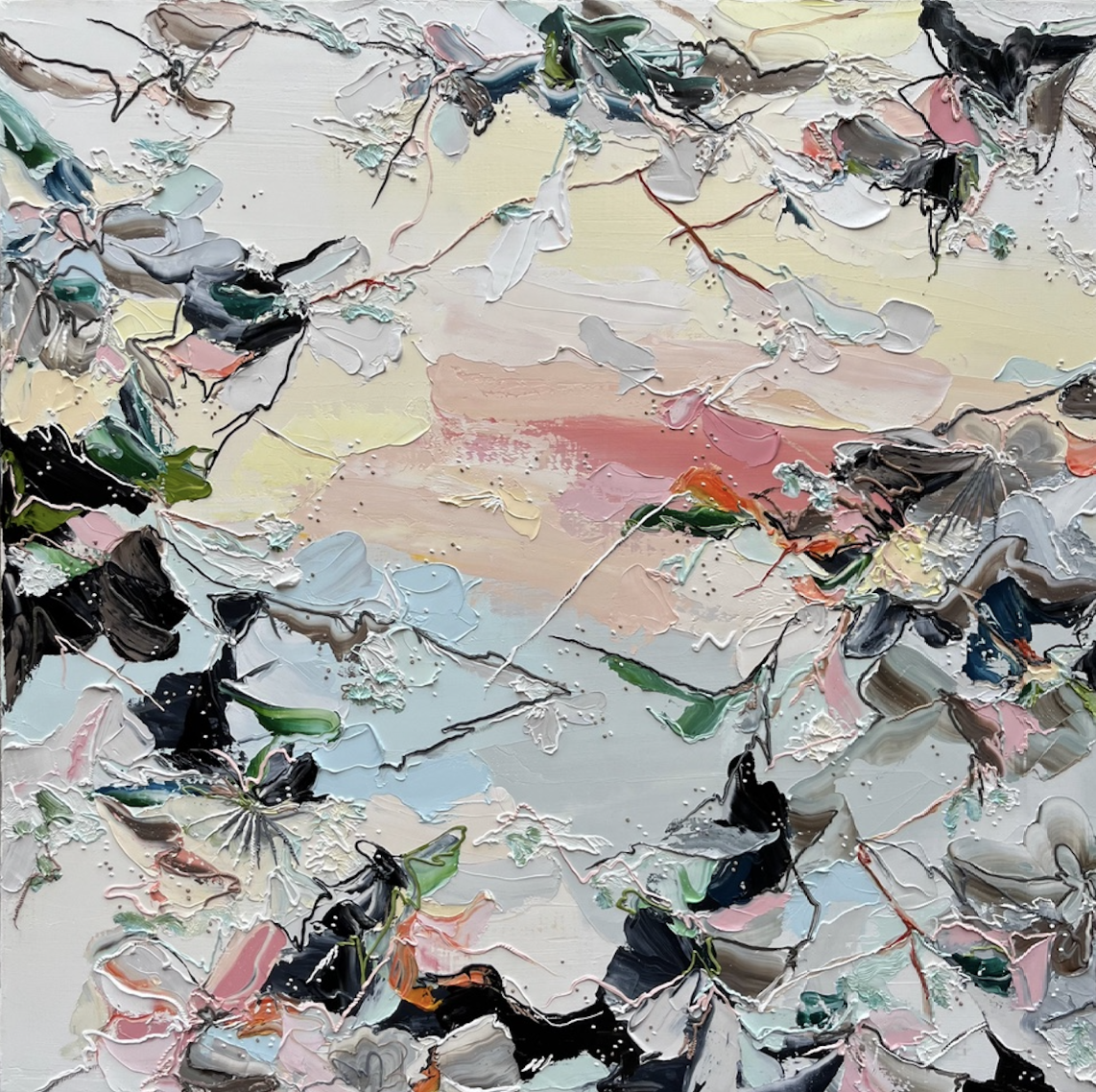 Abstract painting depicting a mountain landscape with jagged peaks, colorful rocky formations, and a light blue sky, created with thick textured brushstrokes.