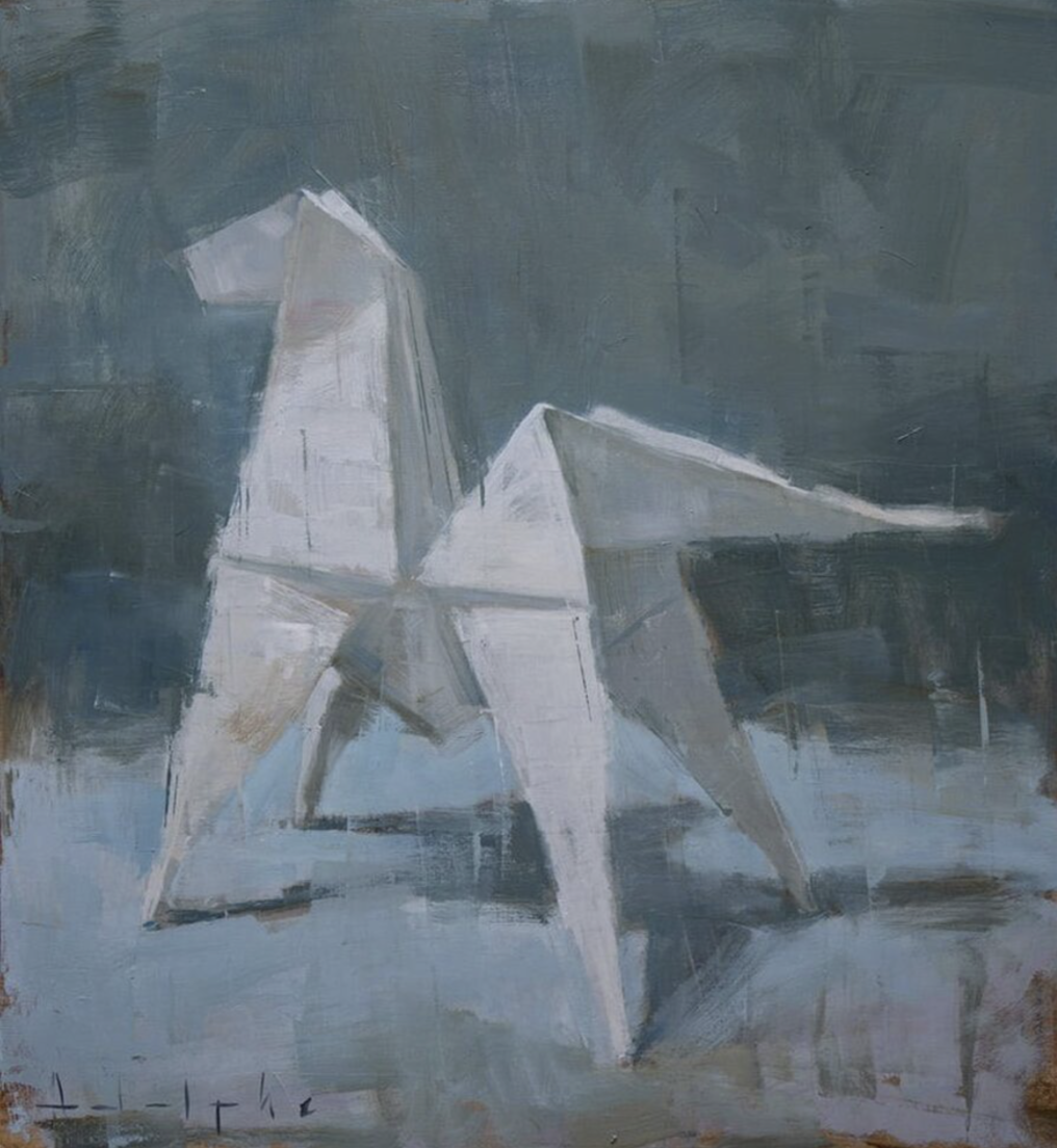Abstract painting with shades of blue, gray, and teal, featuring broad, textured brushstrokes and geometric shapes, with artist's signature in the bottom right corner.