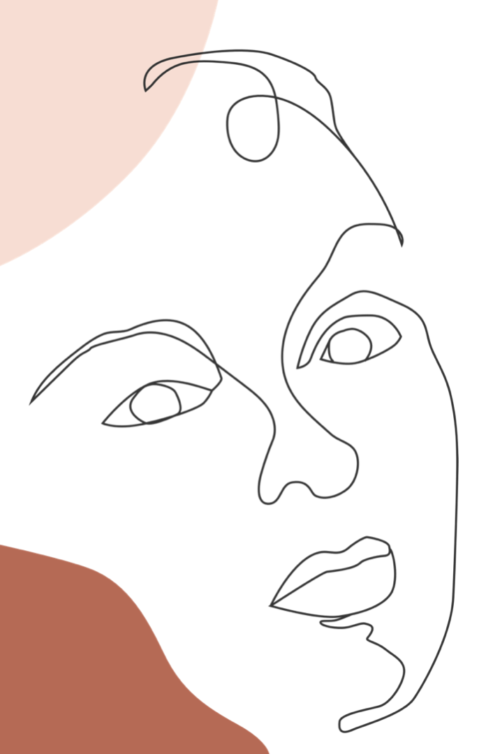 Minimalist line drawing of a face with abstract shapes and muted color accents.