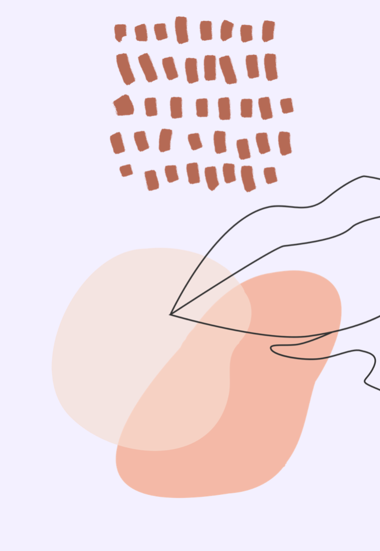 Abstract artwork featuring scattered red square shapes, overlapping beige and peach organic blobs, and black line drawings on a light purple background.
