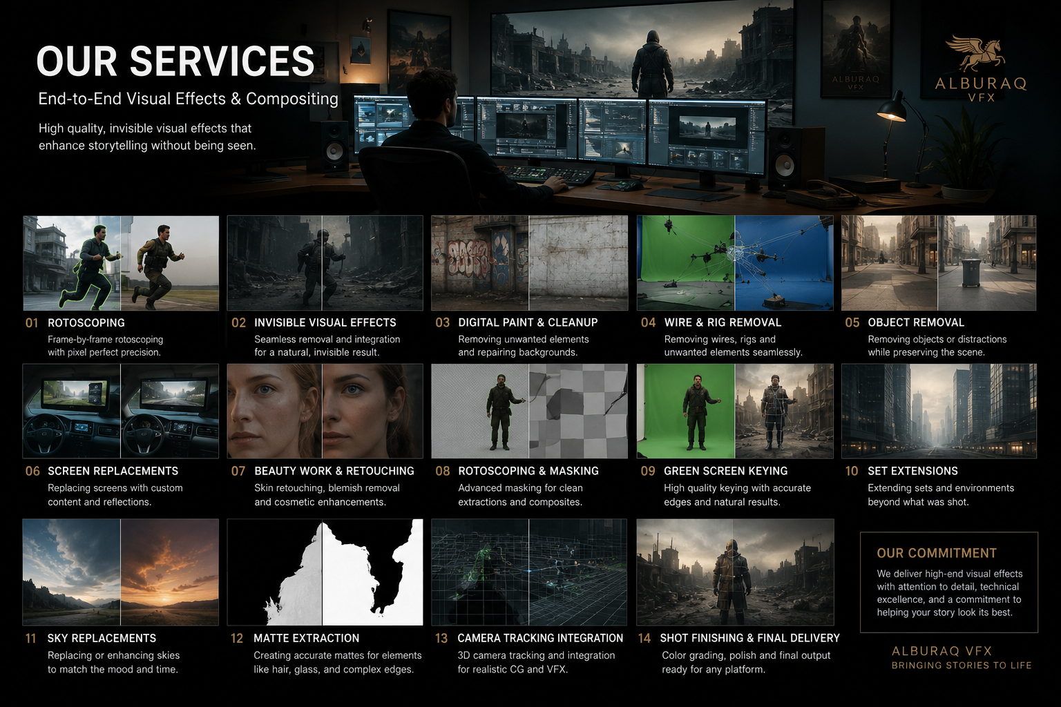 A digital presentation of visual effects and compositing services offered by Alburaq VFX, including rotopscoping, visual effects, digital paint, wire removal, object removal, screen replacements, retouching, masking, green screen keying, set extensions, sky replacements, matte extraction, camera tracking, and final delivery with a background image of a city street and a person with a trench coat.